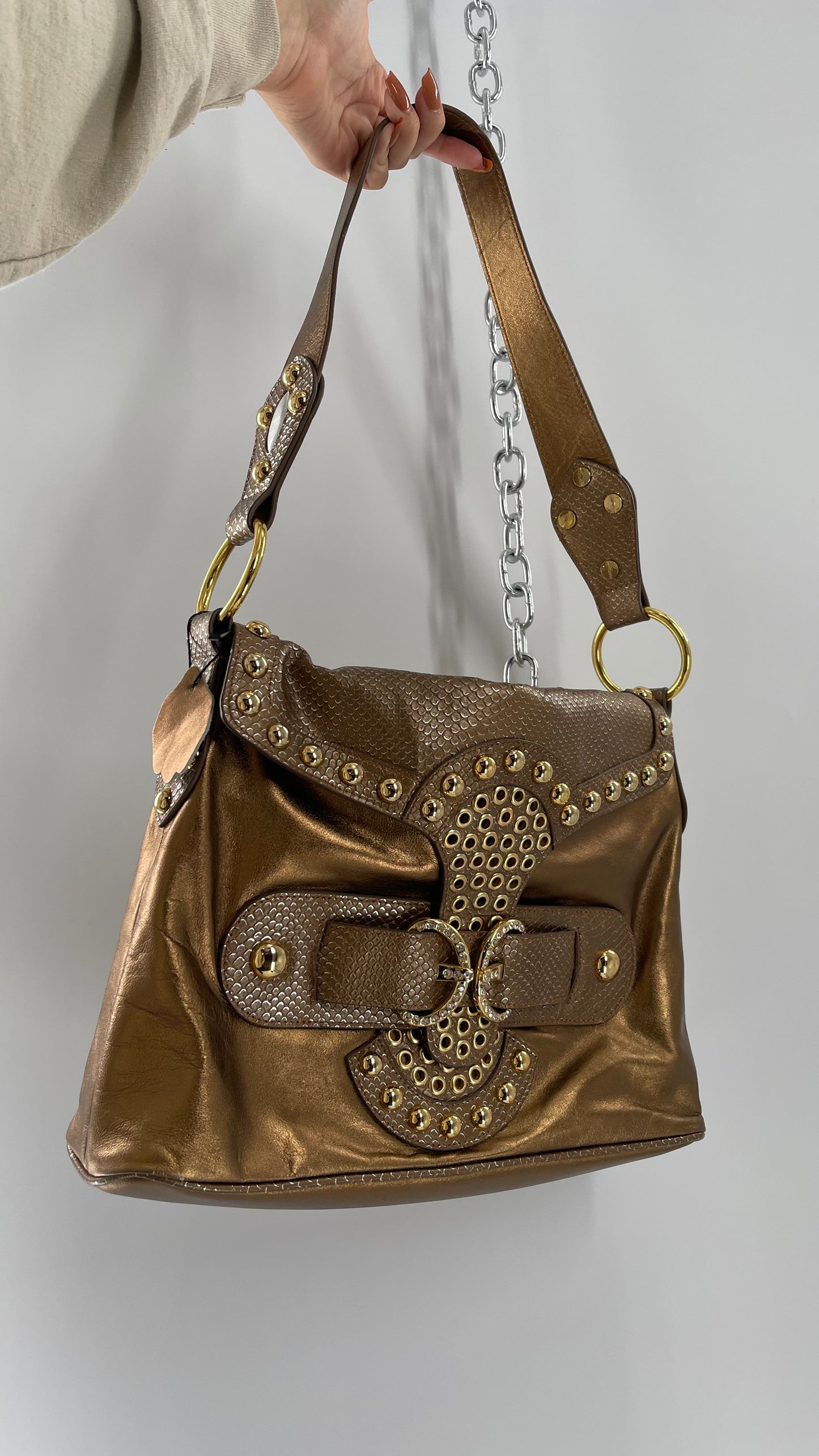 Deadstock Vintage The Find Grandeur Bronze Bag with Grommets, Gemstones, Studs and Exaggerated Buckle