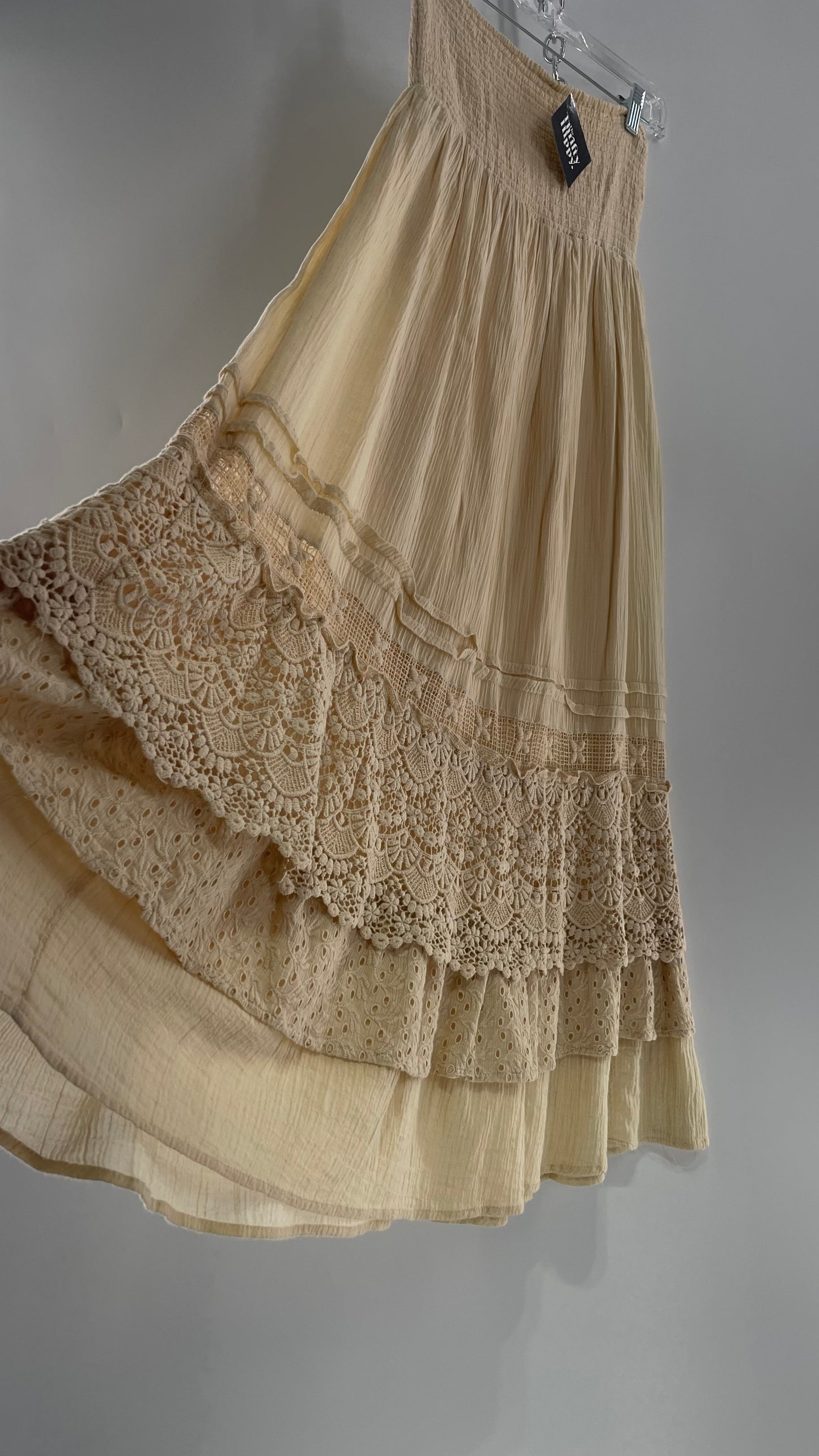 Free People Beige Gauze/Cotton Full Length Skirt Lined with Lace (XS)