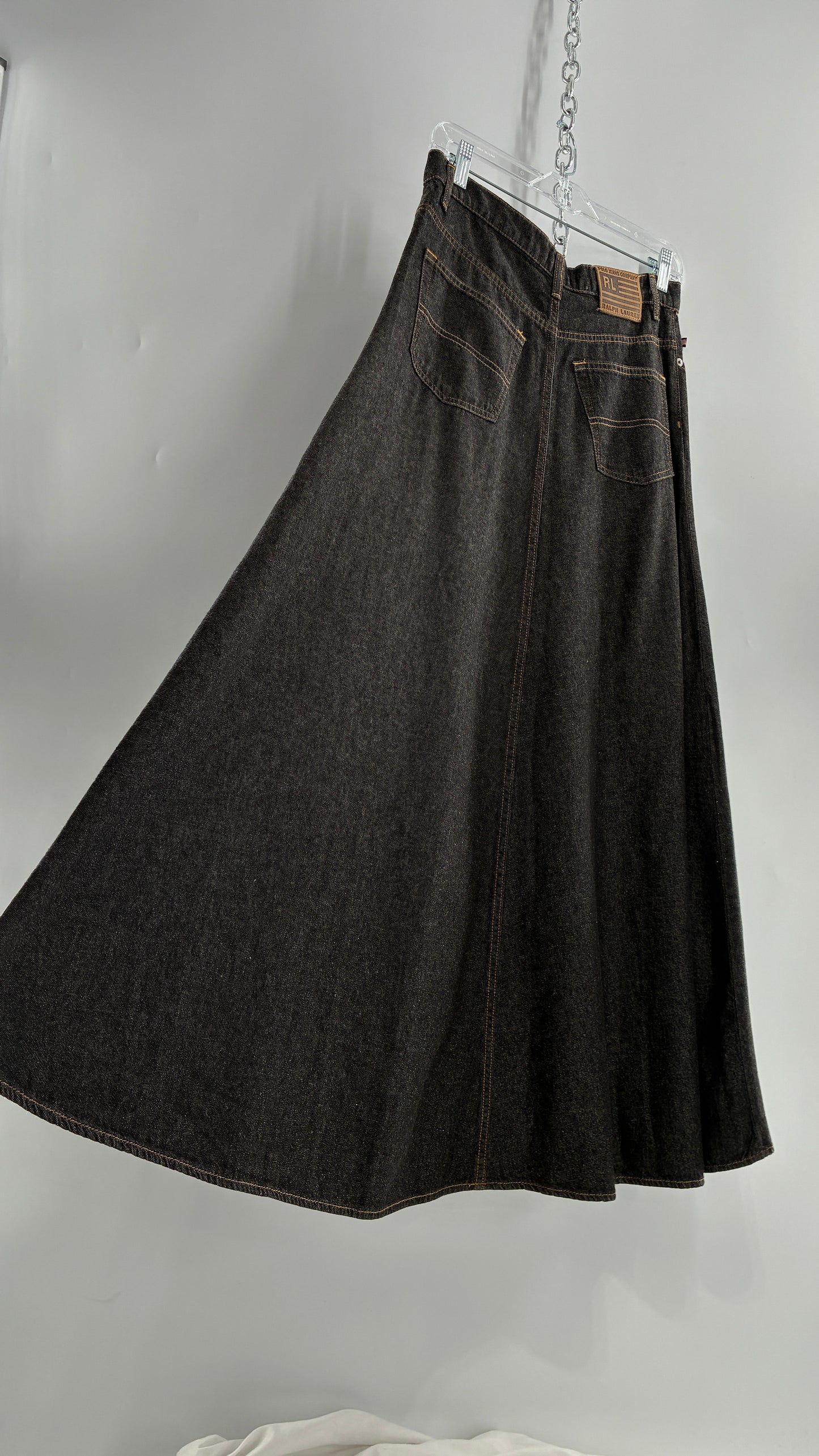 Vintage Ralph Lauren 100% Cotton Dark Wash Denim Full Length Skirt (6)