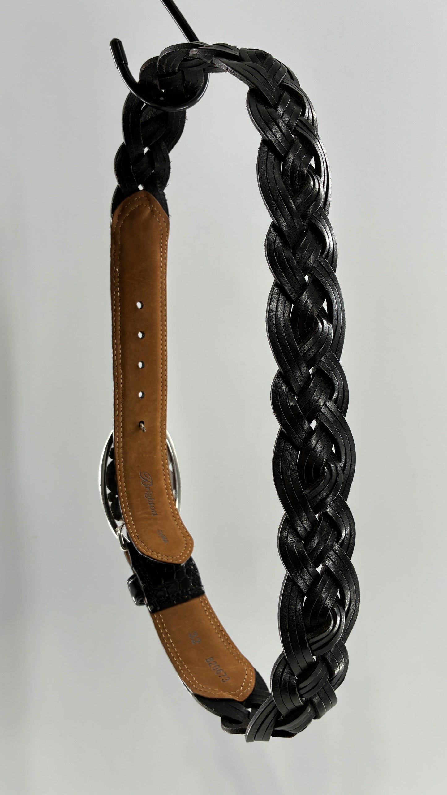 Brighton Black Leather Braided Belt with Oversized Silver Buckle (32)