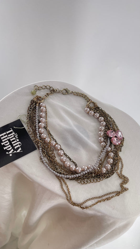 Anthropologie Multi Layered Chain and Pearls Choker Necklace