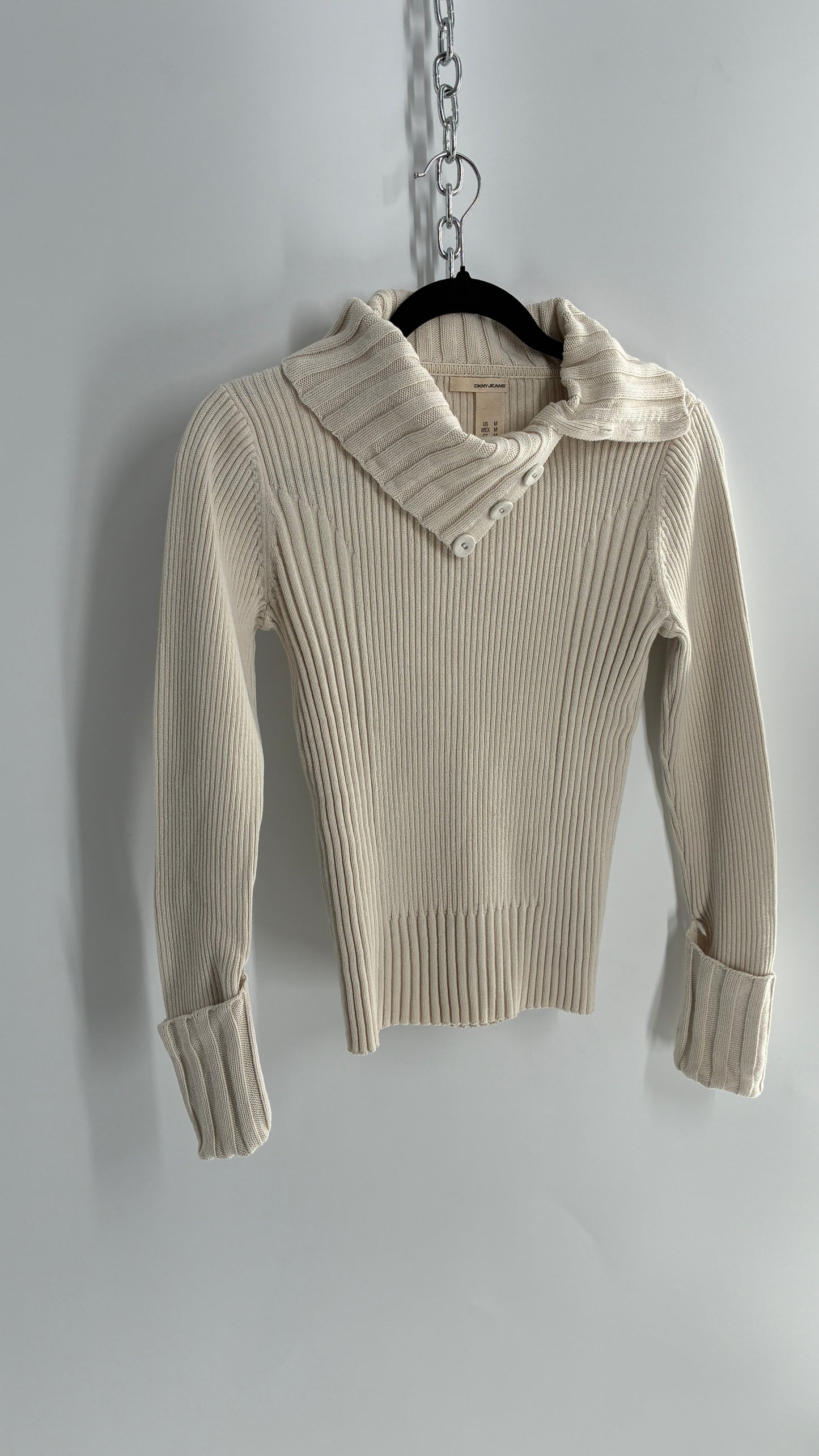Vintage 1990s DKNY Off White Thick Ribbed Long Sleeve with Fold Over Wrists and Neckline (Medium)