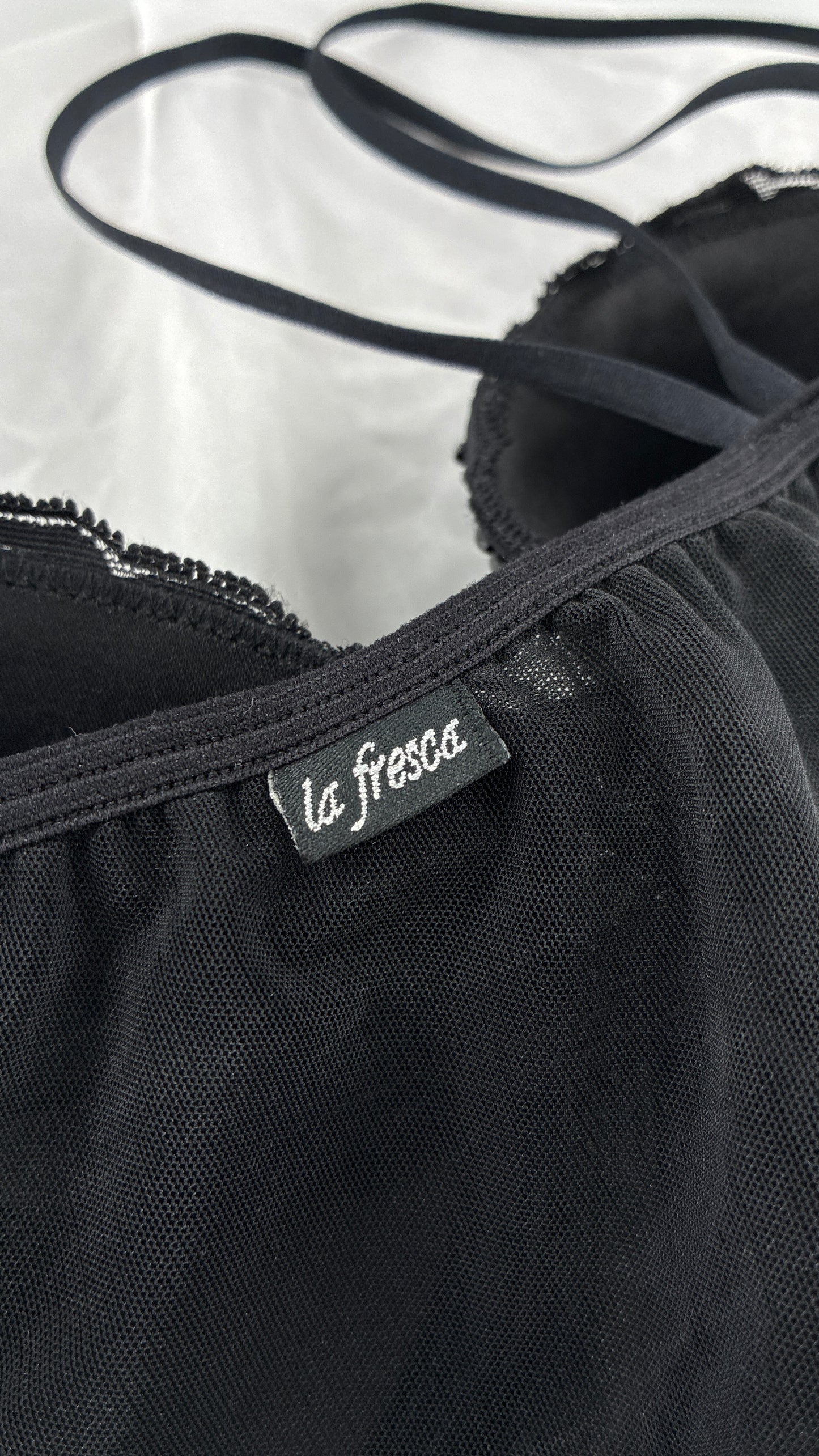 Vintage LA FRESCA Black Lace Bustier Babydoll with Mesh Bodice and Beaded Cups/Band (Large)