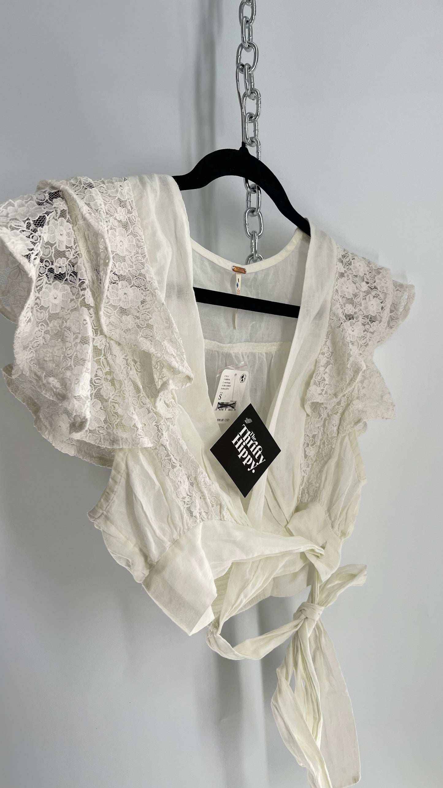 Free People Off White Cotton Tie Around Top with Lace Sleeve Detail and Tags Attached (Small)