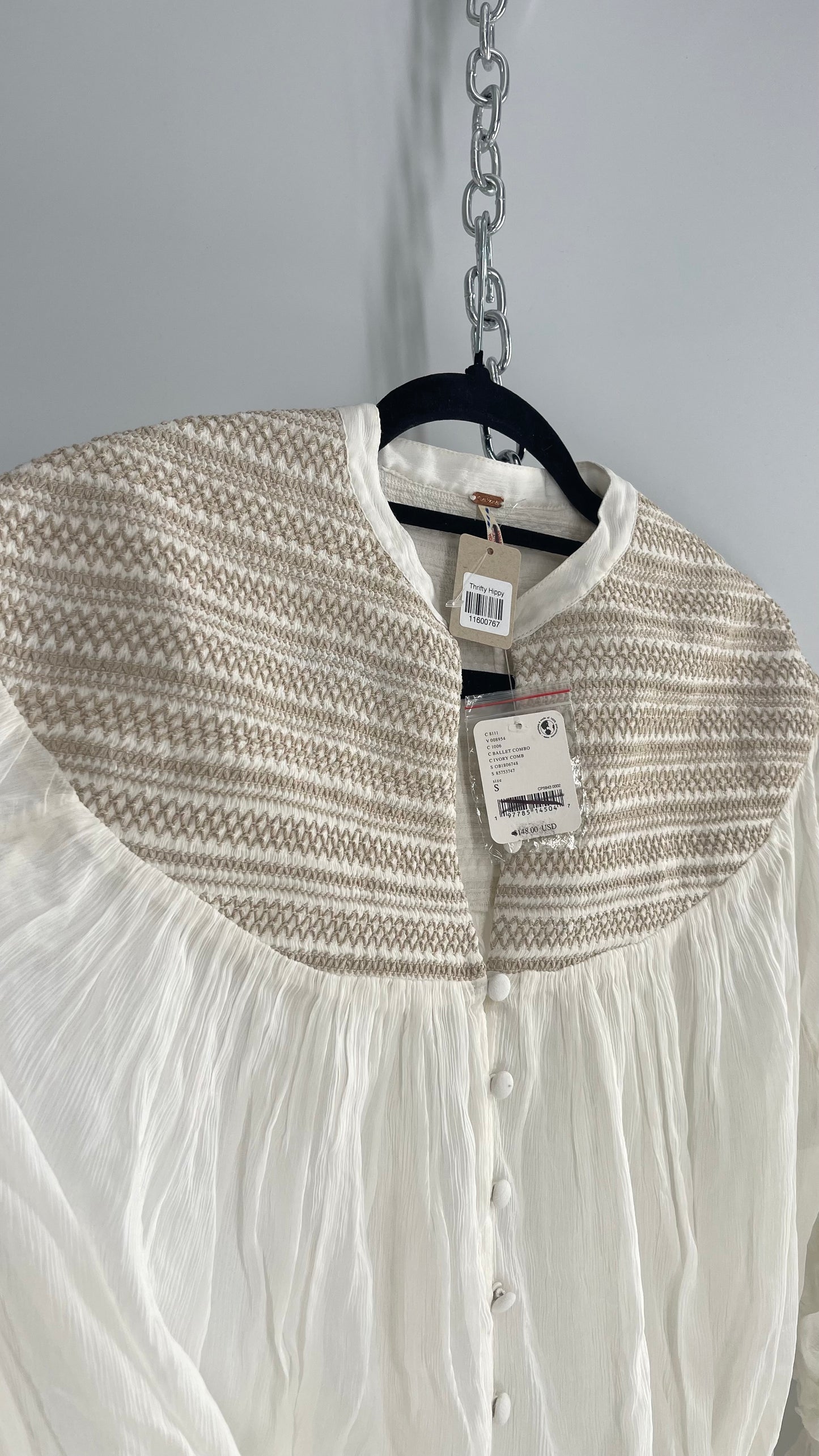 Free People Off White Draped Sleeve Button Front Embroidered Neckline Blouse with Tags Attached (Small)