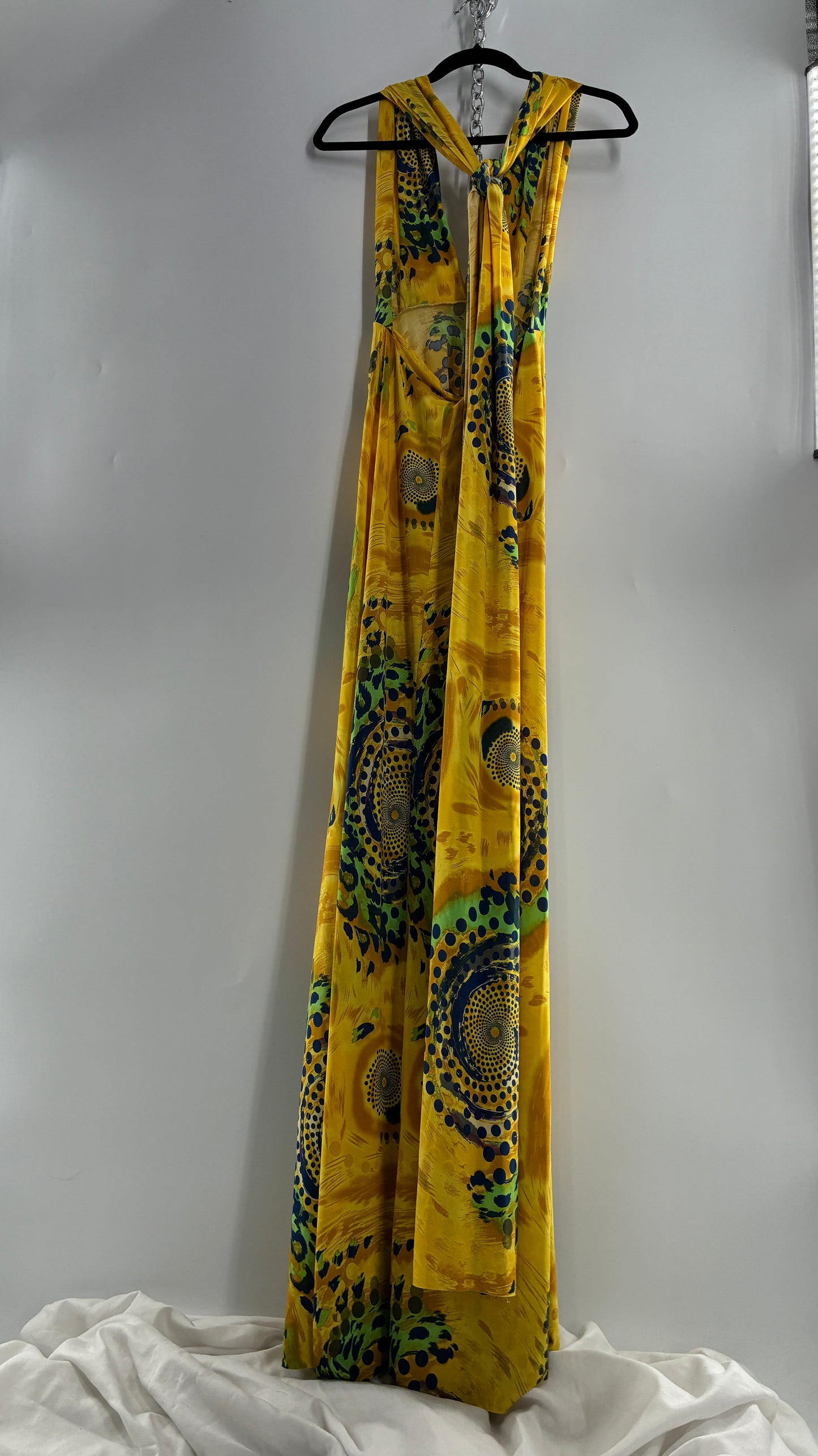 Vintage NARCISA LANG Lycra Full Length, Backless Yellow Dress with Graphic Pattern (XS/S)