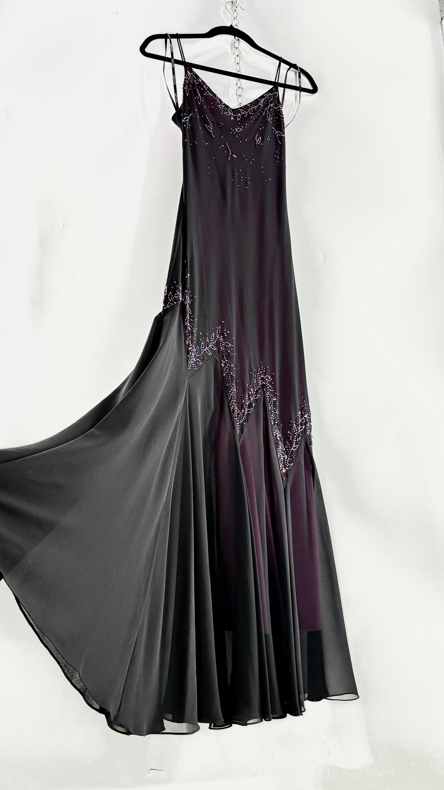 Vintage XSCAPE Full Length Black Beaded Gown with Purple Underlay (4)