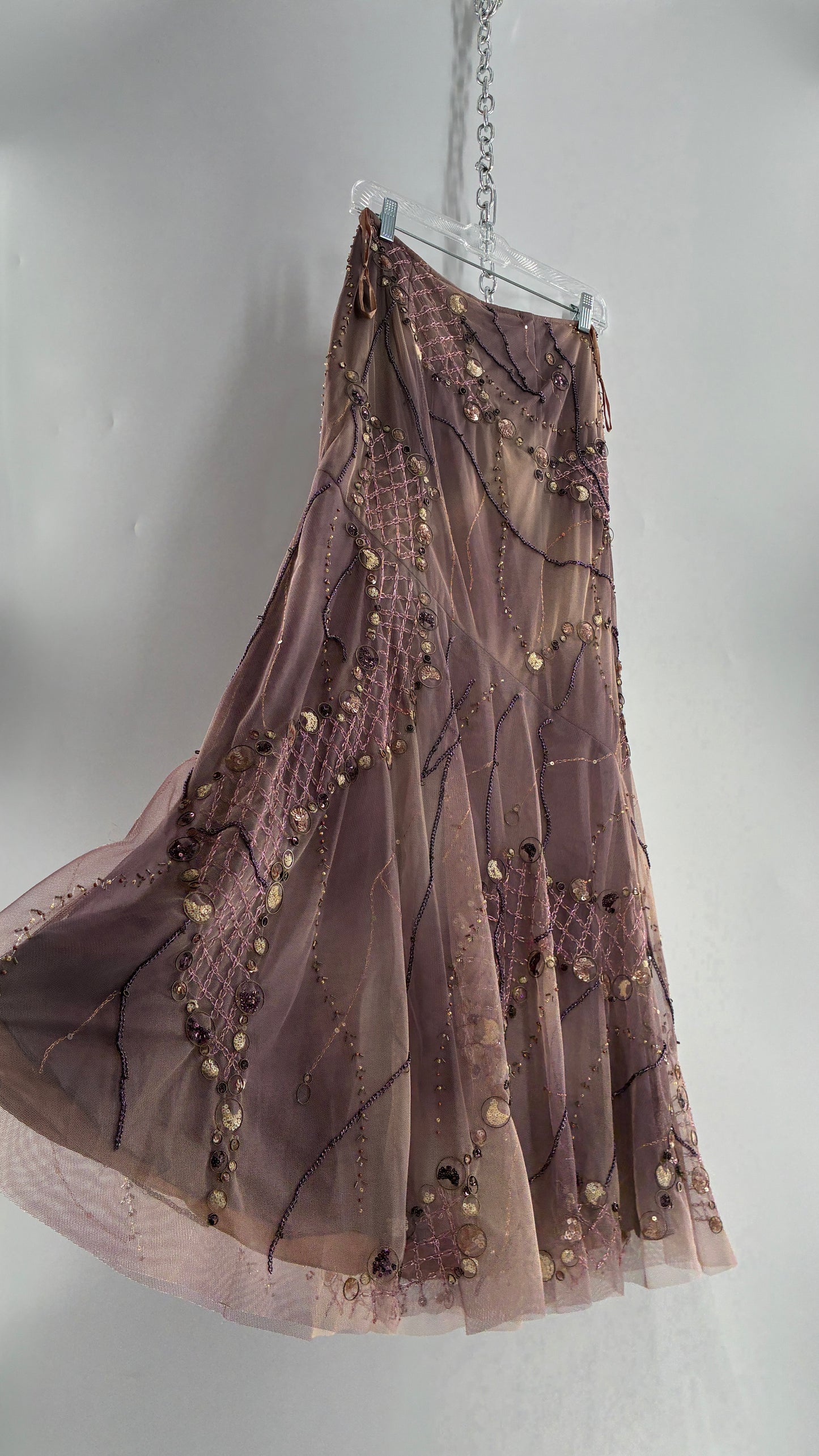 Vintage ALBERTO MAKALI Completely Embroidered and Beaded Maxi Asymmetric Dusty Purple Skirt (4)