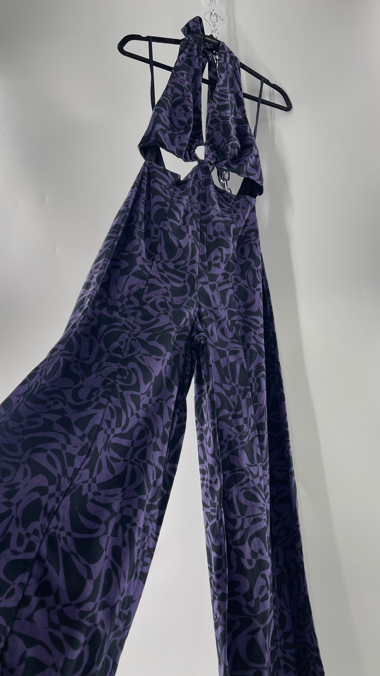 Free People Kira Retro Black and Purple Wide Leg Halter Jumpsuit with Tortoise Bust Loop (XS)