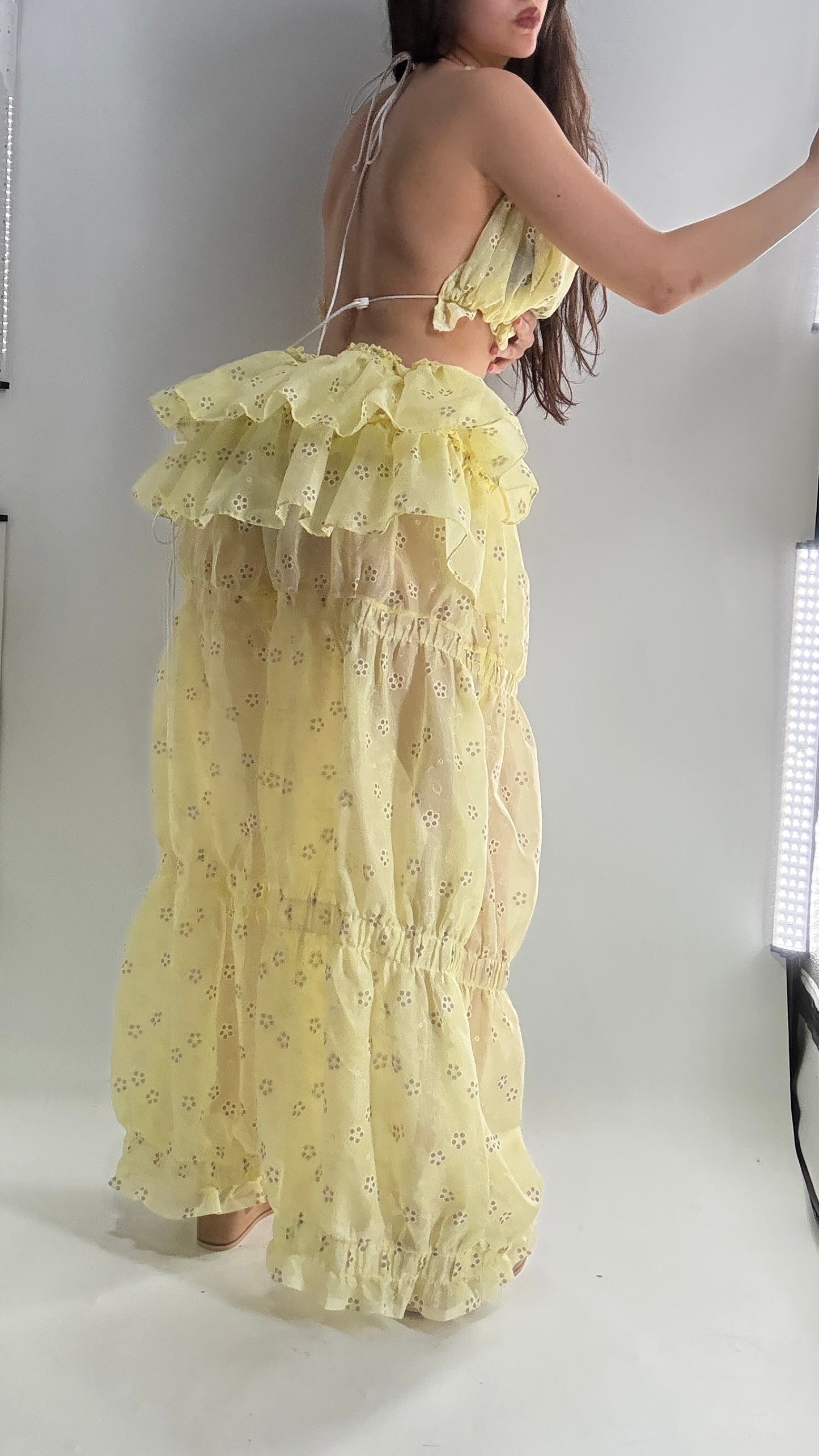 Vintage Handmade 2pc Baby Yellow Set with Tiered Pants, Ruffled Bum, and Floral Eyelet Pattern (XS-M)