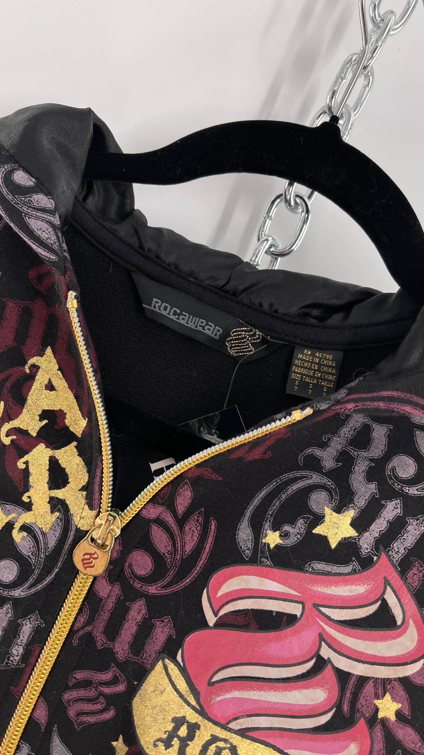 Vintage All Over Rocawear Logo Zip Up Hoodie with Gold Charm Chain and Silky Hood (XS/S)