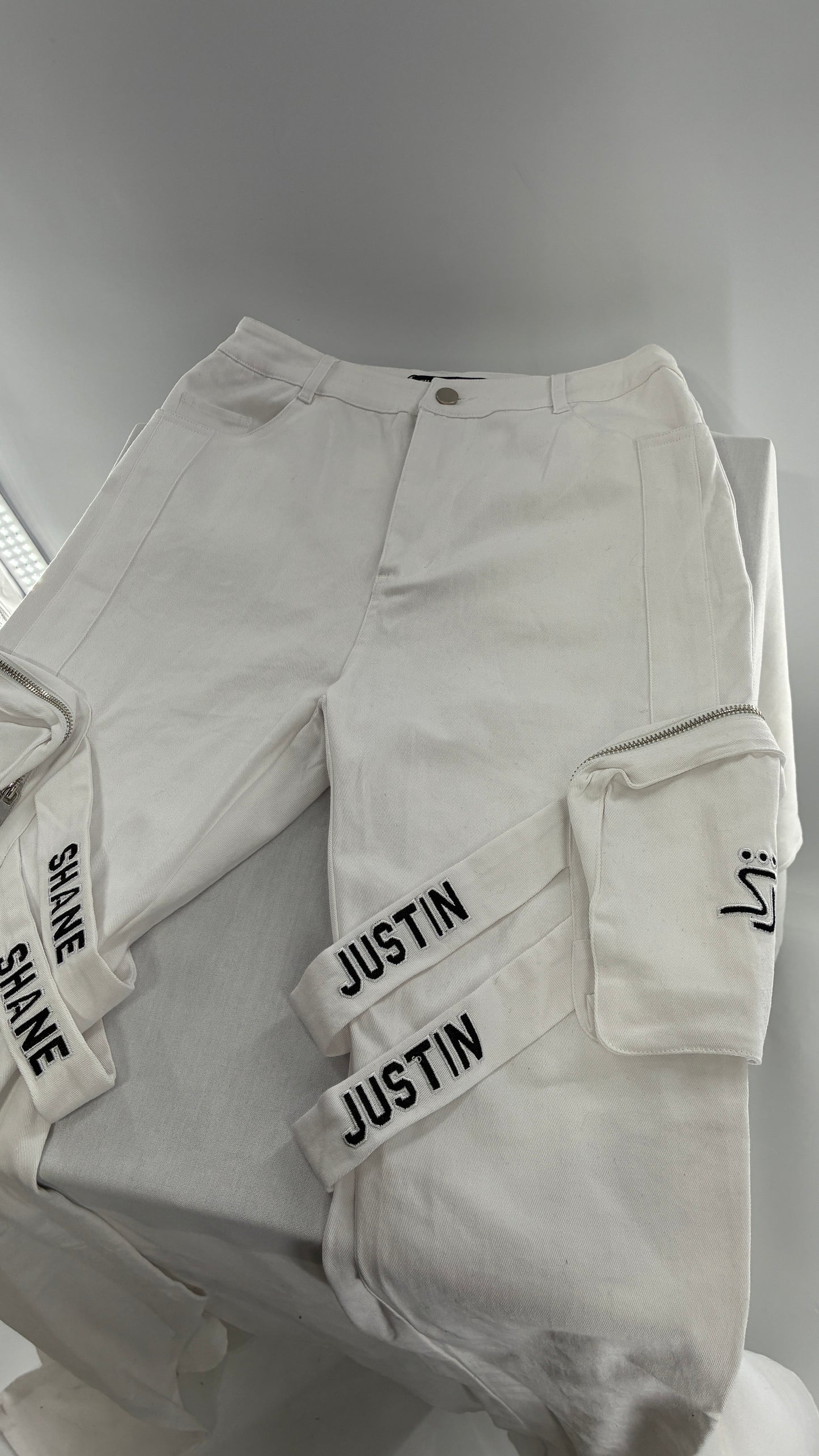 Designer SHANE JUSTIN White Stacked Extendo Cargo Pants with Embroidered Logo Pants and Tags Attached (Small)