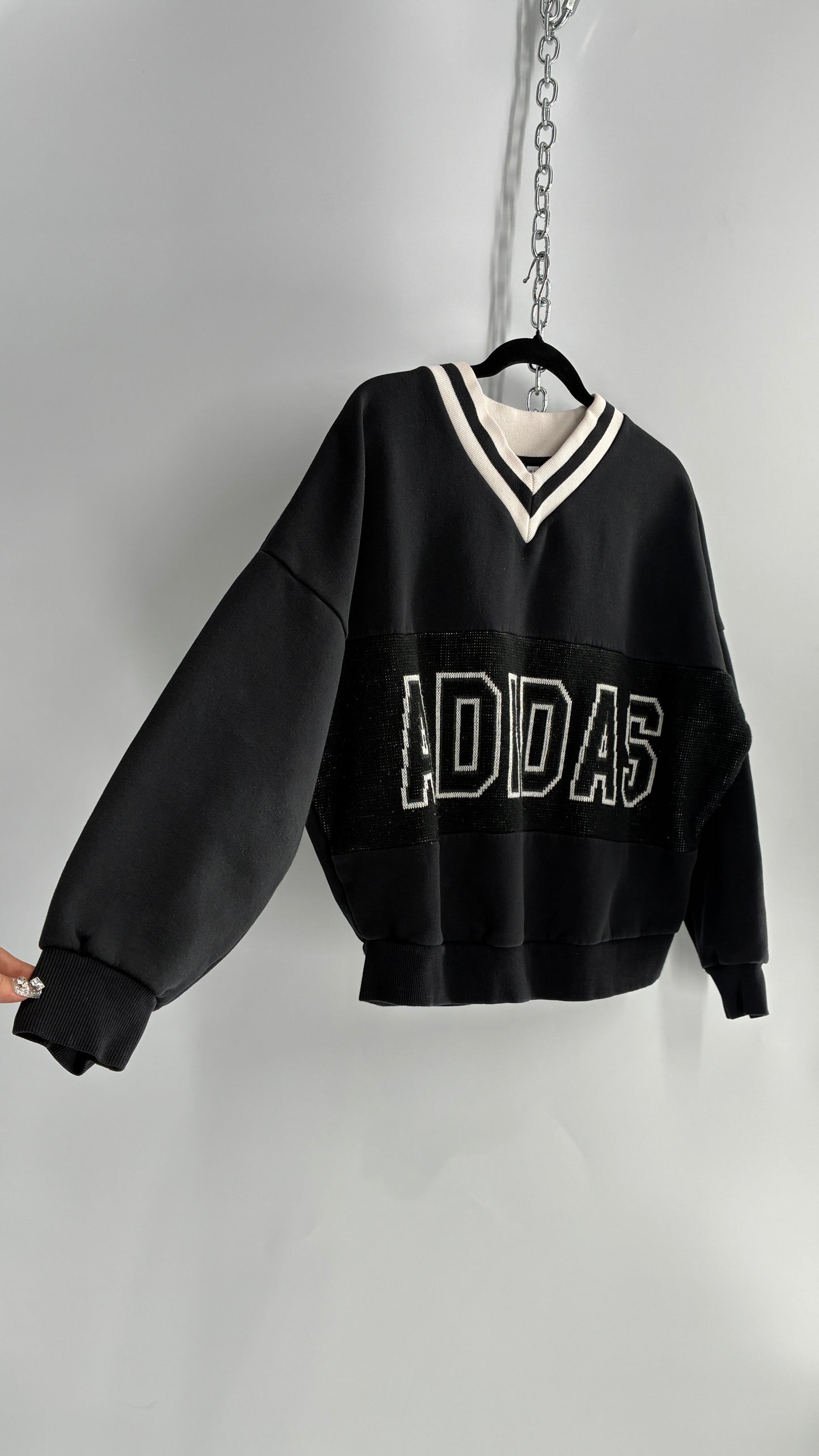 Vintage ADIDAS Black and White Varsity Crew Neck (Small)