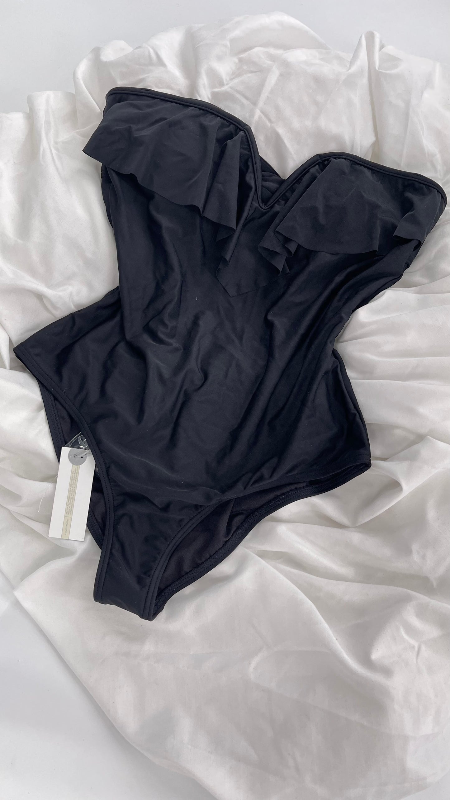 O’Neill Black Swimsuit with Built in Bra with Ruffled Bust, Open Back, Straps and Tags Attached (Large)