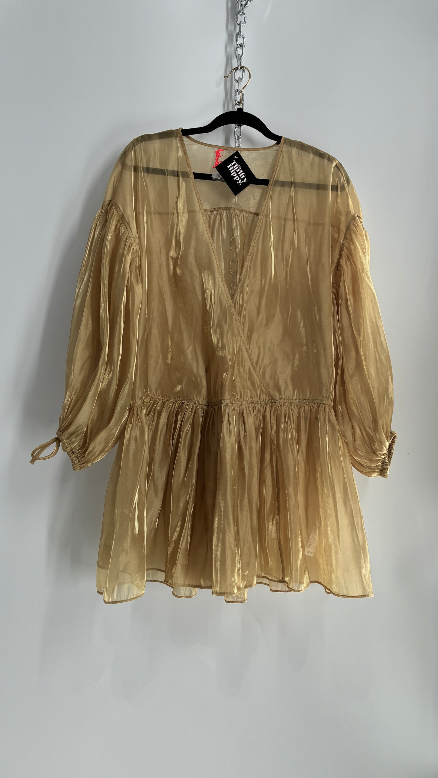Free People Gold Voile Organza Drop Waist Bubble Sleeve Dress (Medium)