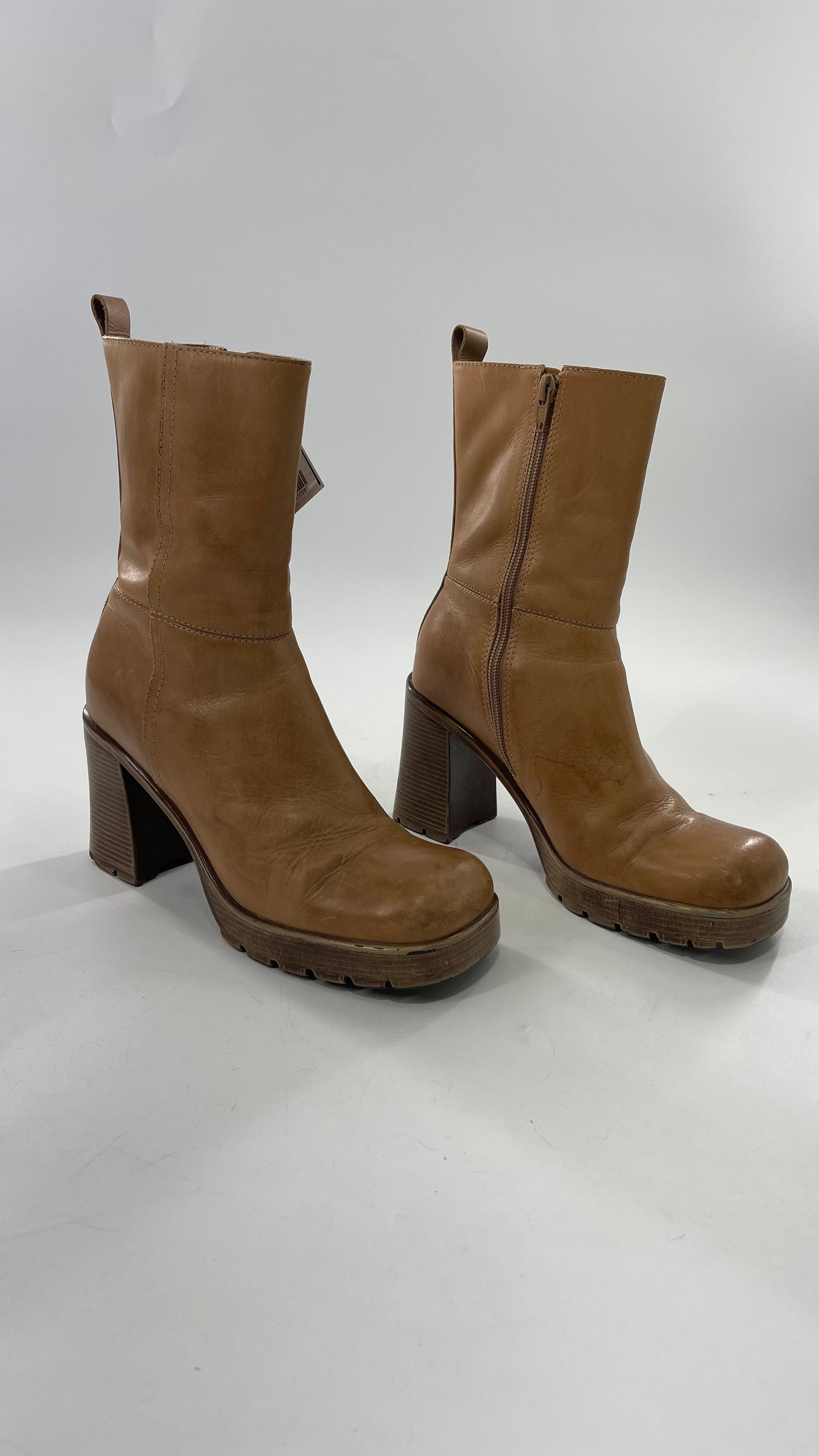 Vintage 90s Steve Madden Tan Leather Funky Square Toe Boot with Platform and Chunky Heel