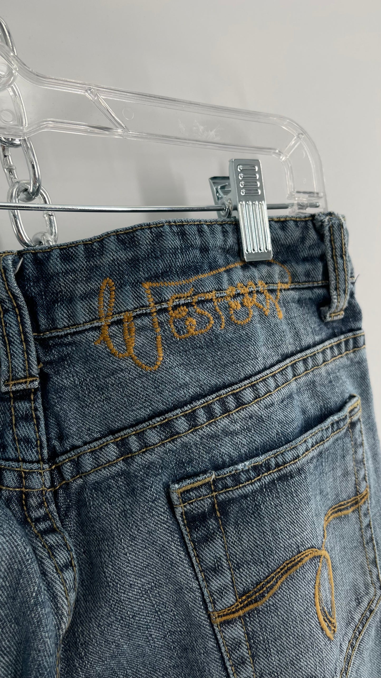 Western Denim Bank Light Wash Straight Legs with Gold/Bronze Metal Studs and Jewels (29)