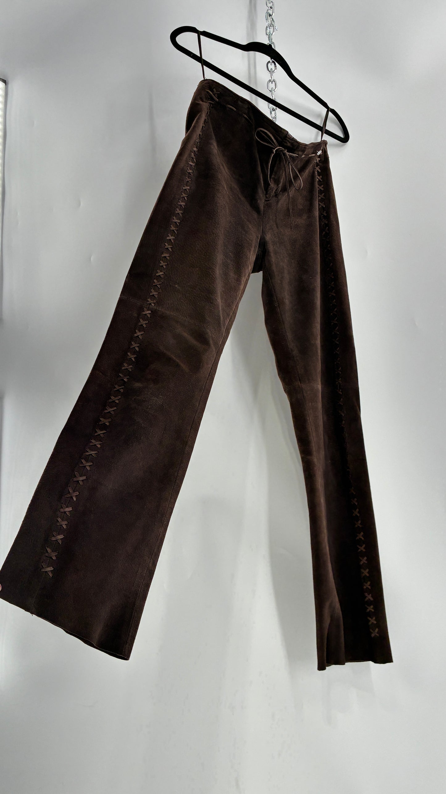 Vintage FOR JOSEPH Low Rise, Chocolate Brown Suede Pants with Leather Stitch Sides and Bow Closure (28)