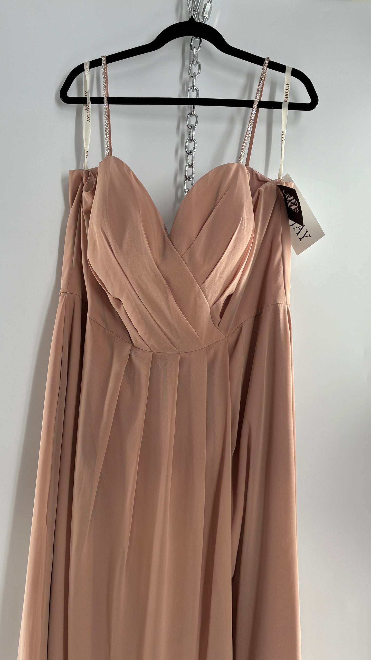 Vintage BARI JAY Nude/Blush Pink Full Length Dress with Embellished Straps and Side Slit Detail (16W)
