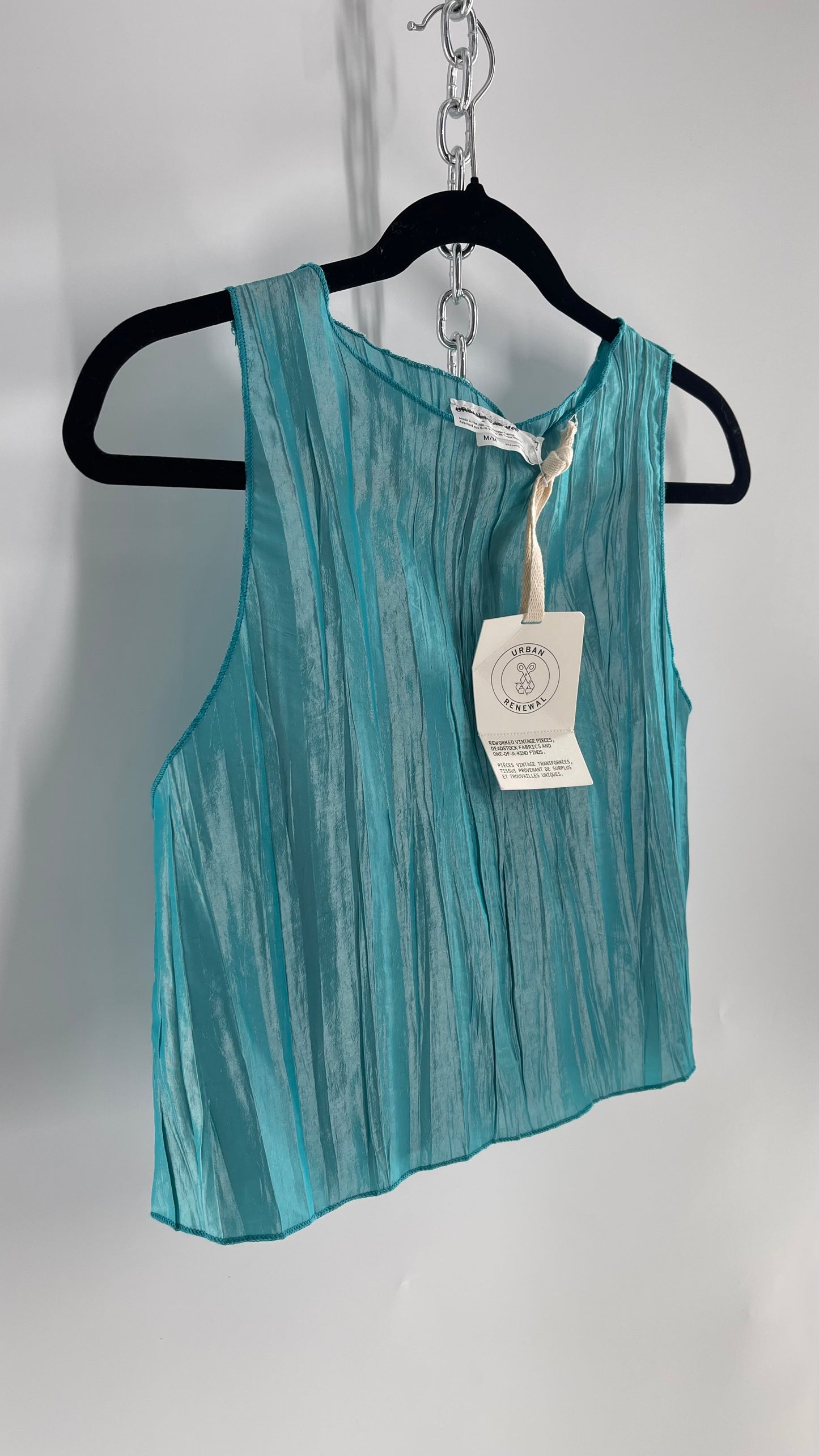 Urban Outfitters Renewal Aquamarine Crimped/Pleated Blue Shimmer Tank (M)