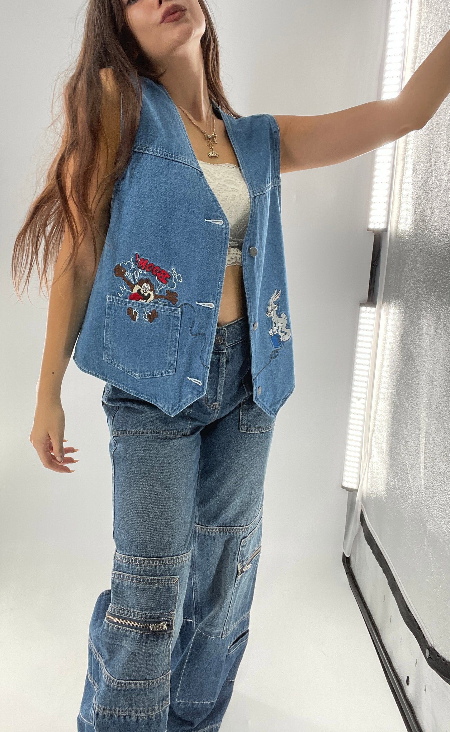 Vintage Looney Tunes Denim Vest with Embroidered Characters (Large)