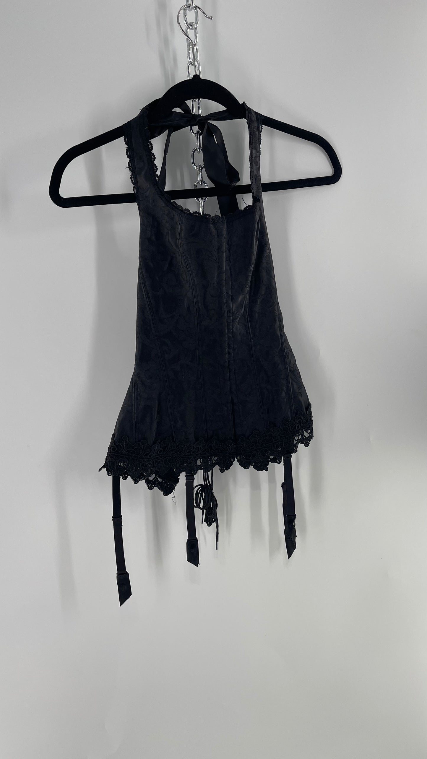 Vintage Fredericks of Hollywood Black Satin Brocade Lace Corset with Lace Tie Halter (32)