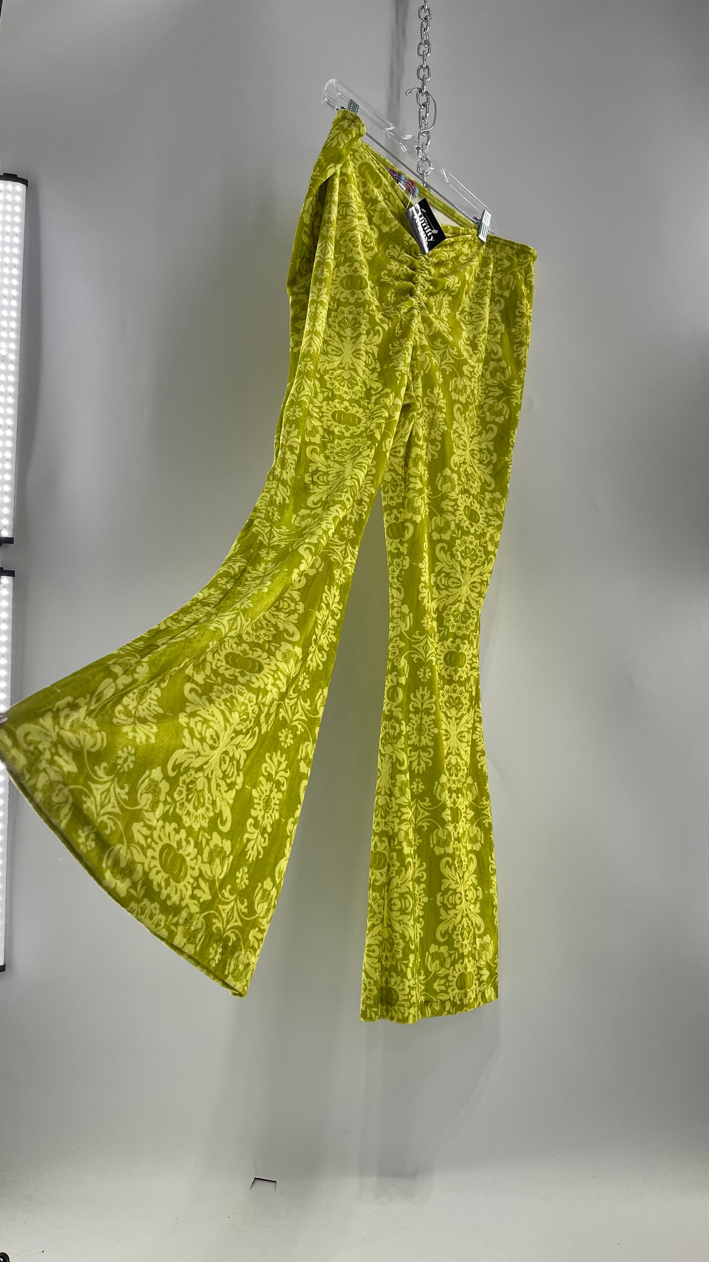 Urban Outfitters Chartreuse Green/Yellow Velvet Lace Patterned Flares with Scrunch Front (XXL)