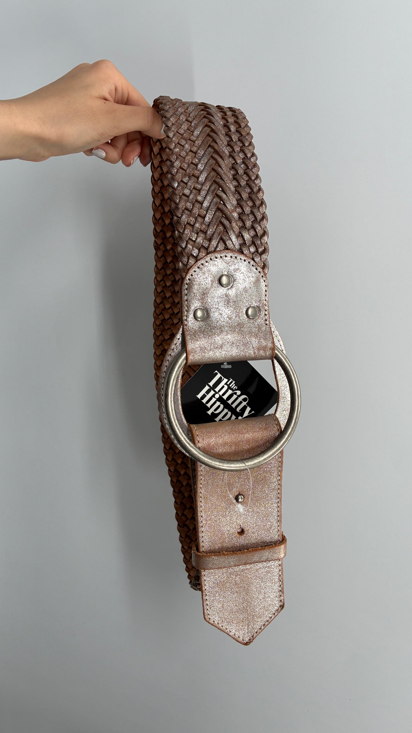 Vintage ARMANI Metallic Silver Thick Braided Leather Belt with Oversized Metal Loop Buckle (Small)