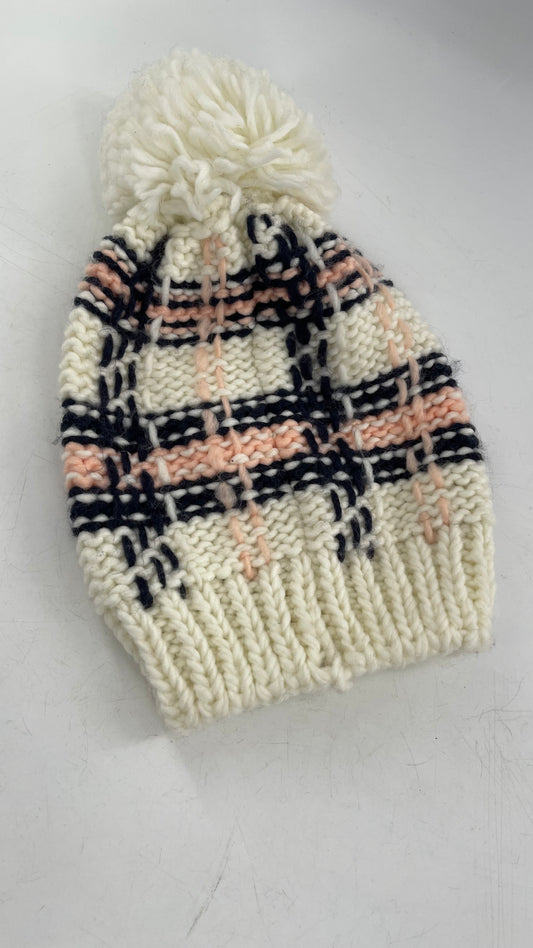 Pink Navy Plaid Patterned White Knit Beanie with Pom