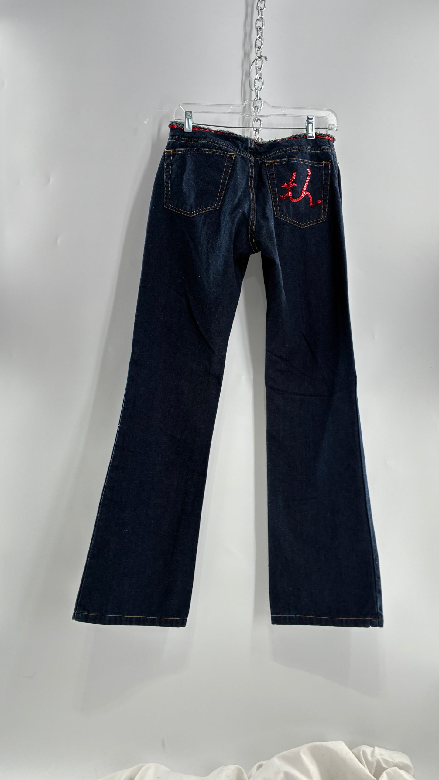 Vintage Tommy Hilfiger Low Rise Jeans with Frayed Waist Lined in Red Sequins (7)