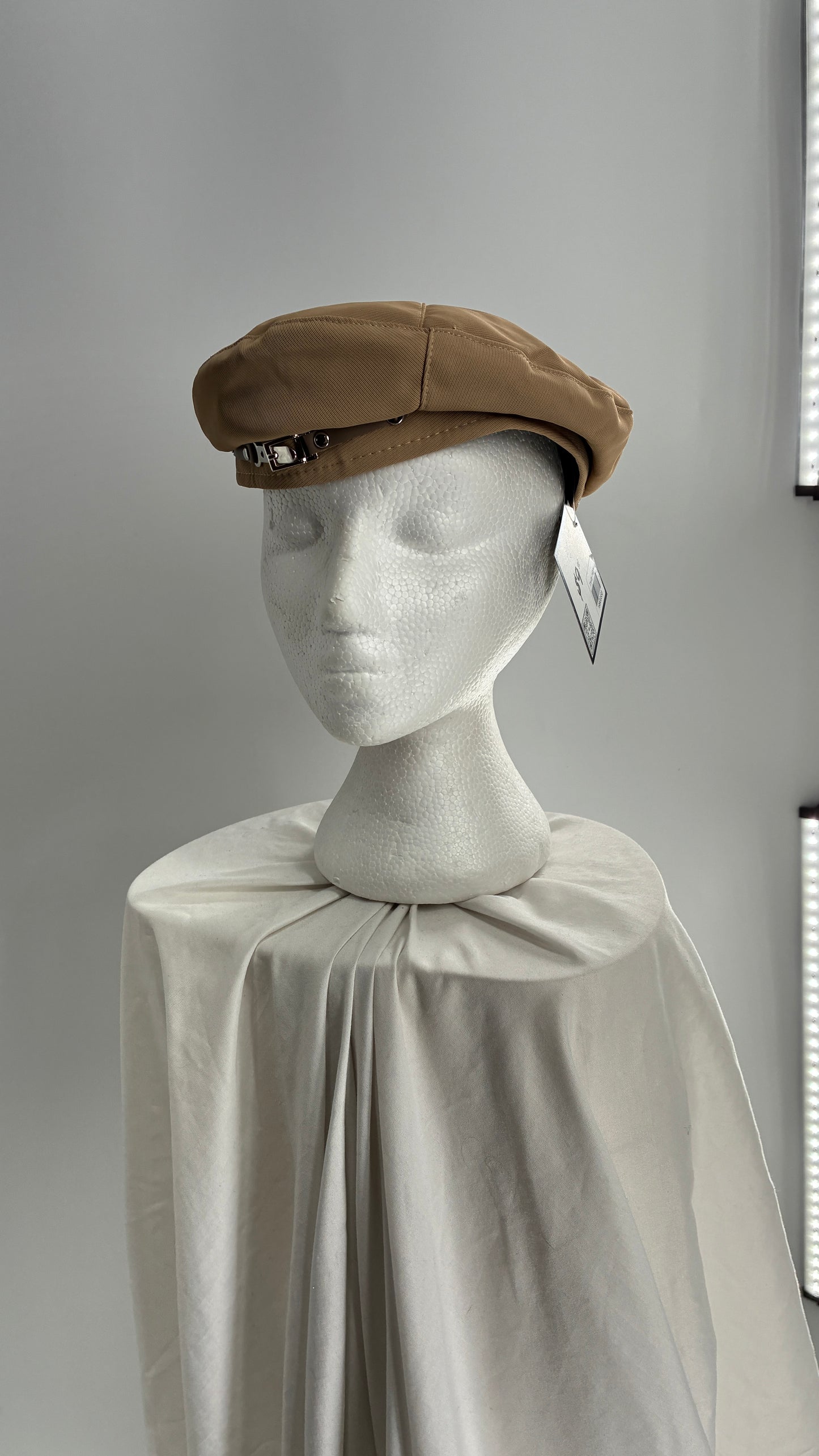 Tan Beret with Vegan Leather Strap and Silver Metal Hardware