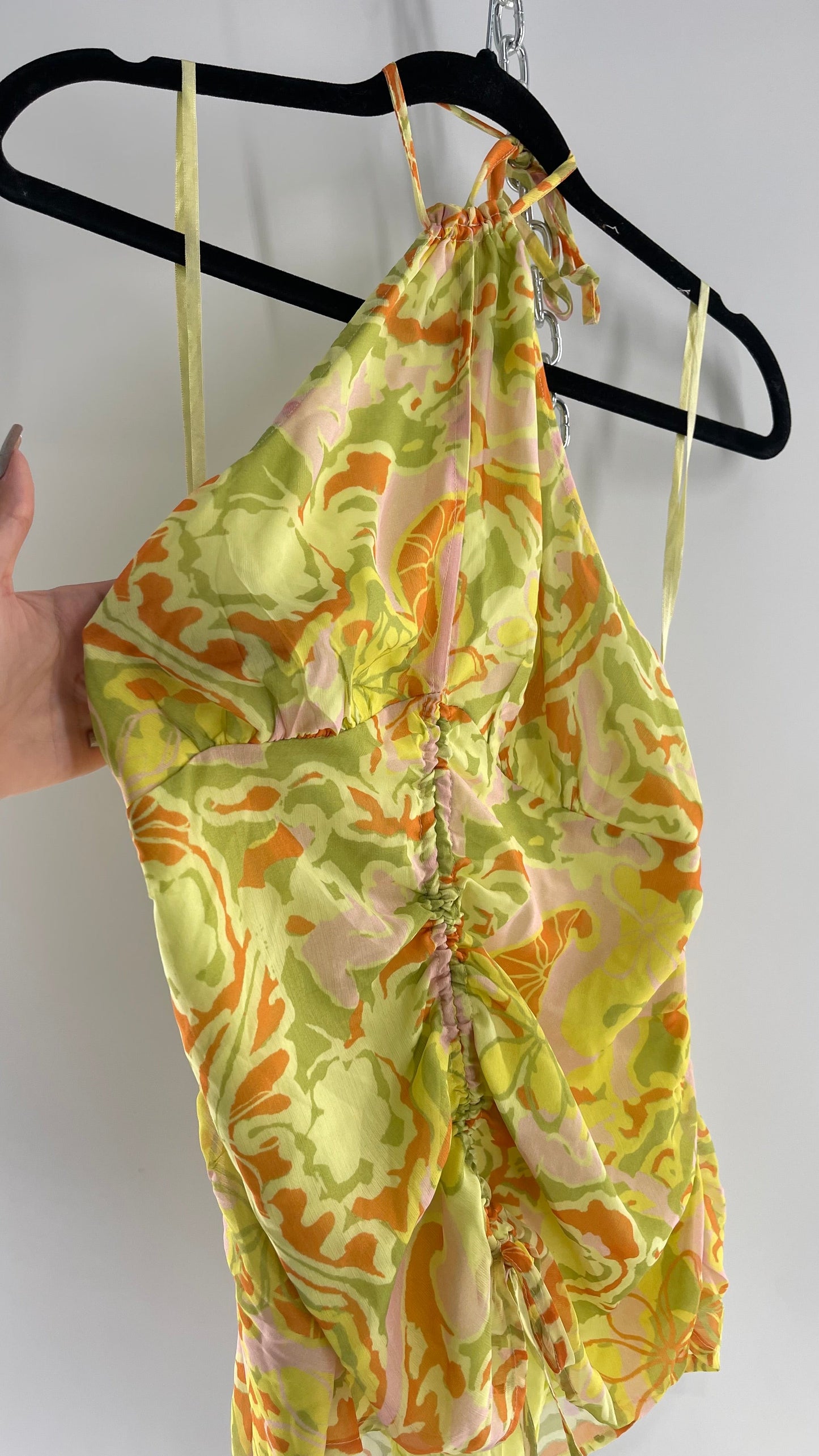 Free People Lime Green and Yellow Ruched Blouse with Cut Out Bust, Adjustable Scrunched Torso and Tie Neck Tank (XS)