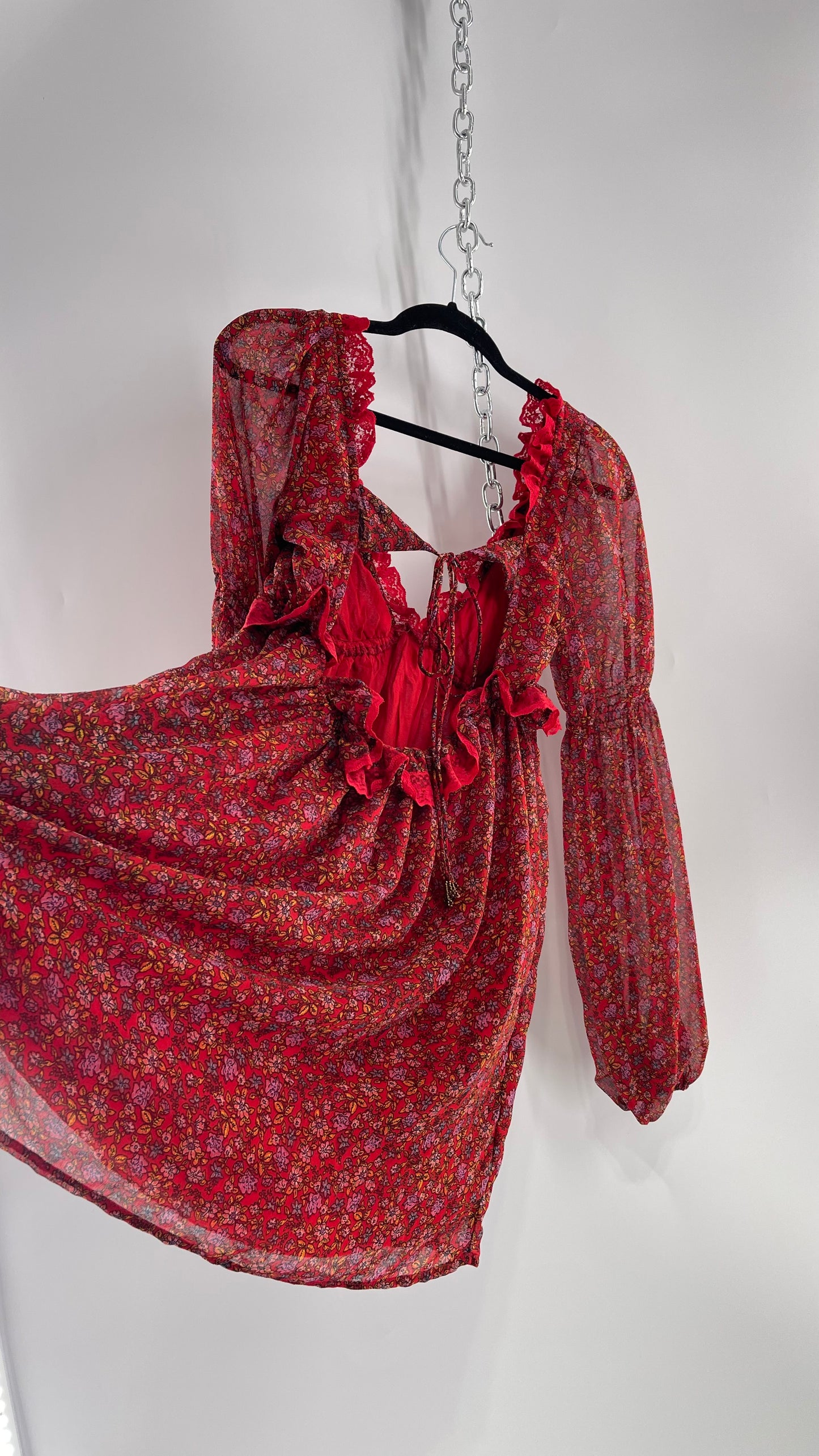 Free People Red Floral Mini Dress with Lace Trim, Open Back and Balloon Sleeves (Small)