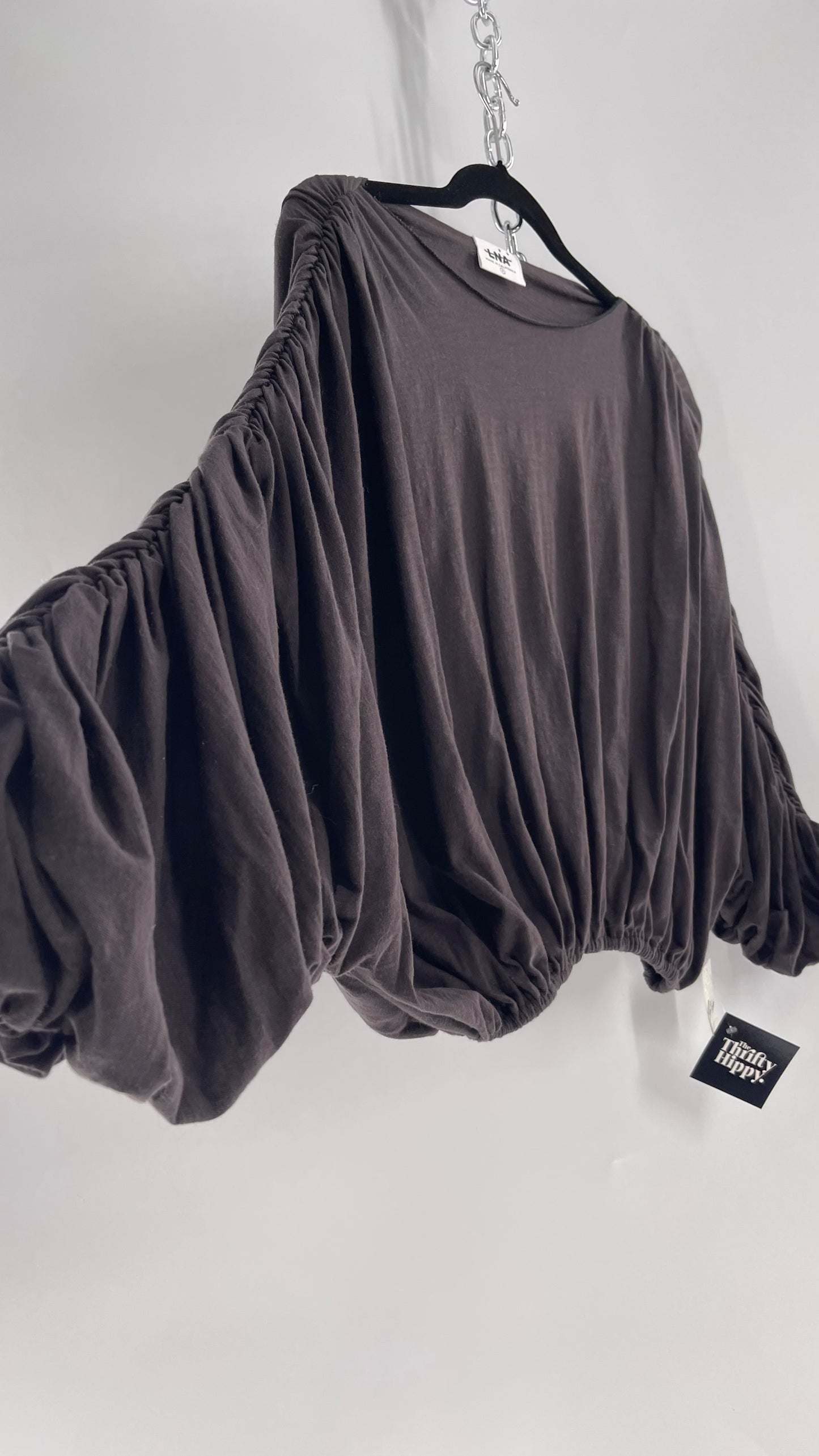 LNA California Made Free People Distopian Dark Grey Drape, Slouchy Ruched Long Sleeve with Tags Attached (Small)
