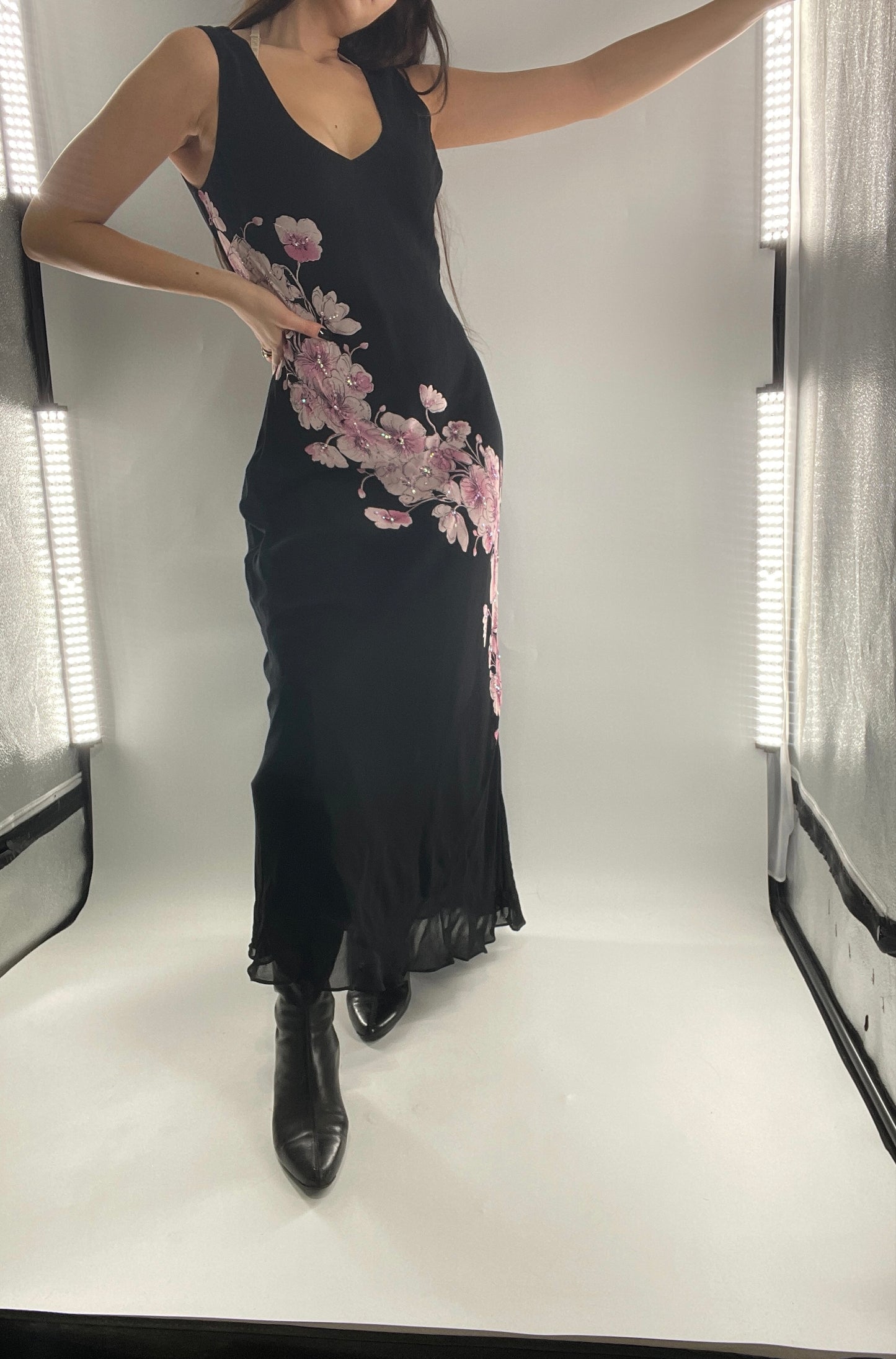 Vintage Dress Barn Black Slinky Maxi Dress with Pink Floral Graphic and Sequins (L)