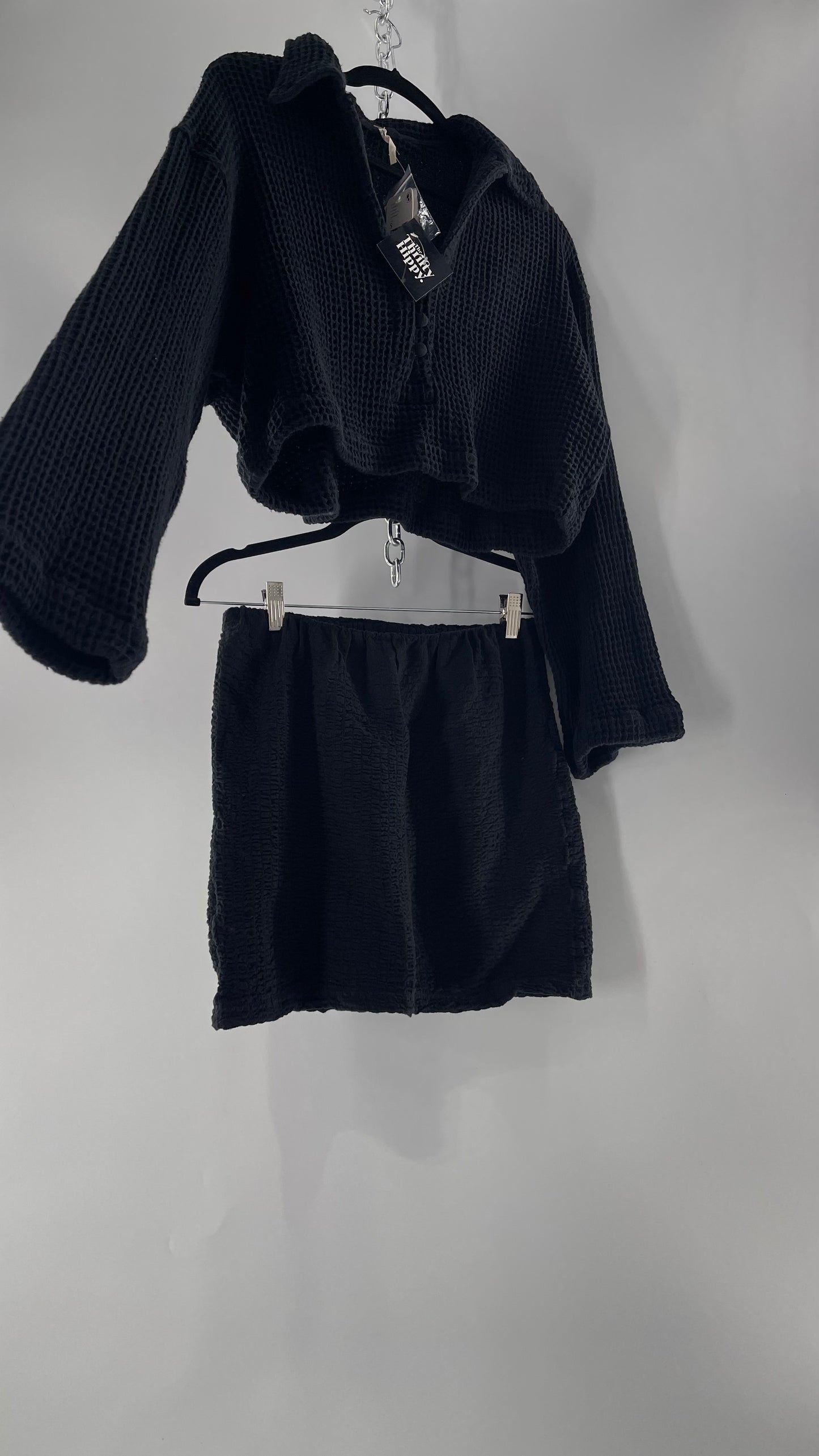 Free People Waffle Knit Black Cropped Button Up and Skirt Set with Tags Attached (Small)