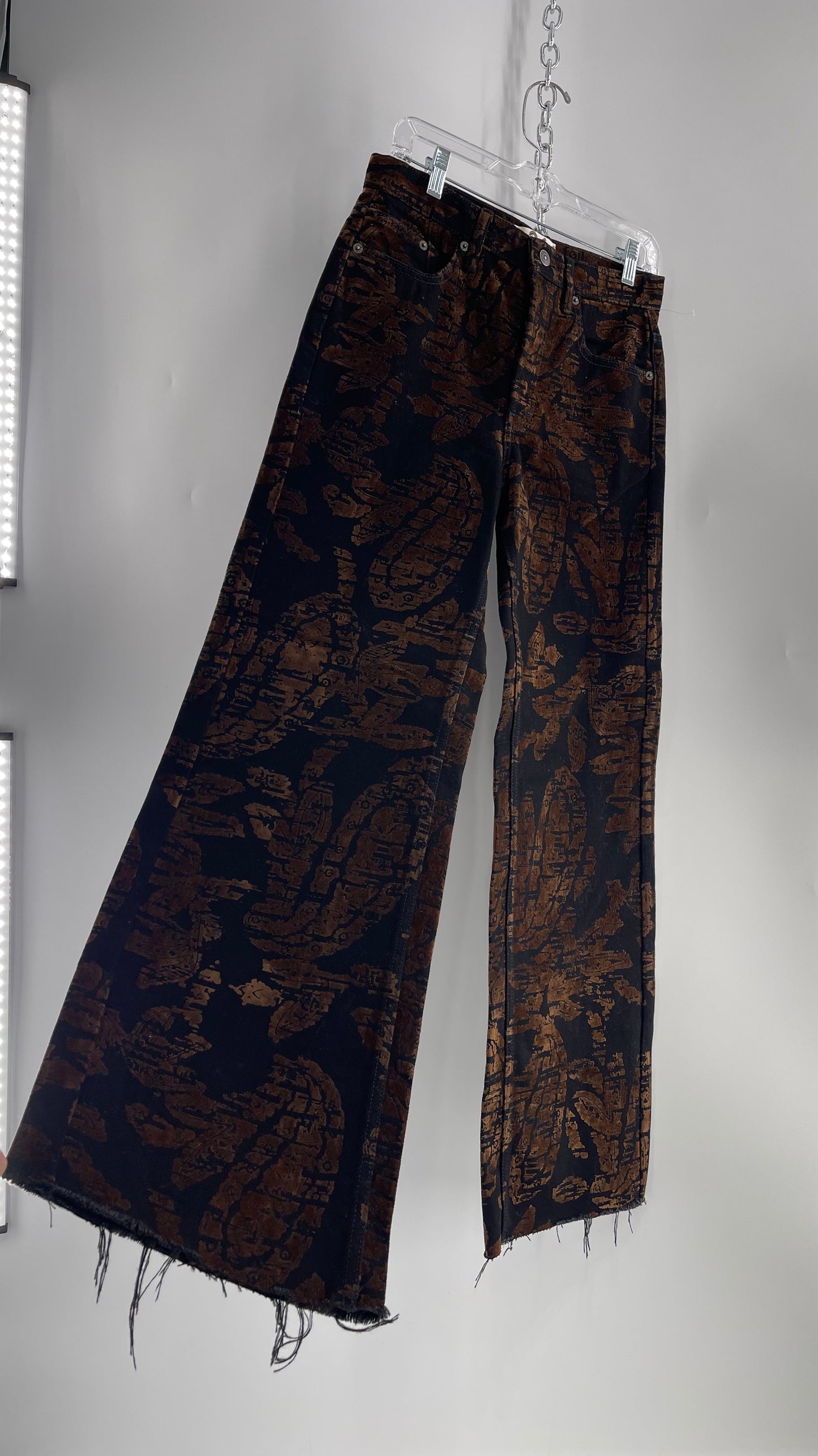 Free People Black/Brown Velvet Texture Graphic Straight Legs with Raw Edge Hem and Tags Attached (28)