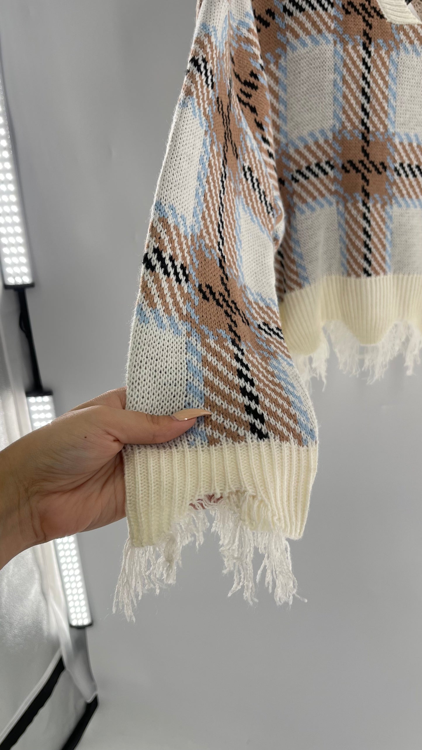 Fashion Nova Plaid Powder Blue/Tan Distressed Sweater
