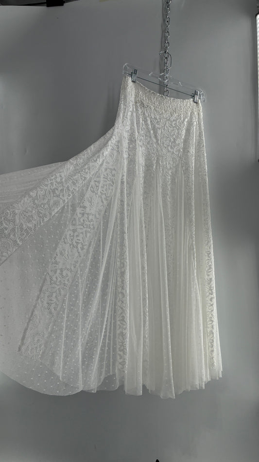 Intimately Free People White Lace and Polka Dot Mesh Voluminous Full Length Skirt (Medium)
