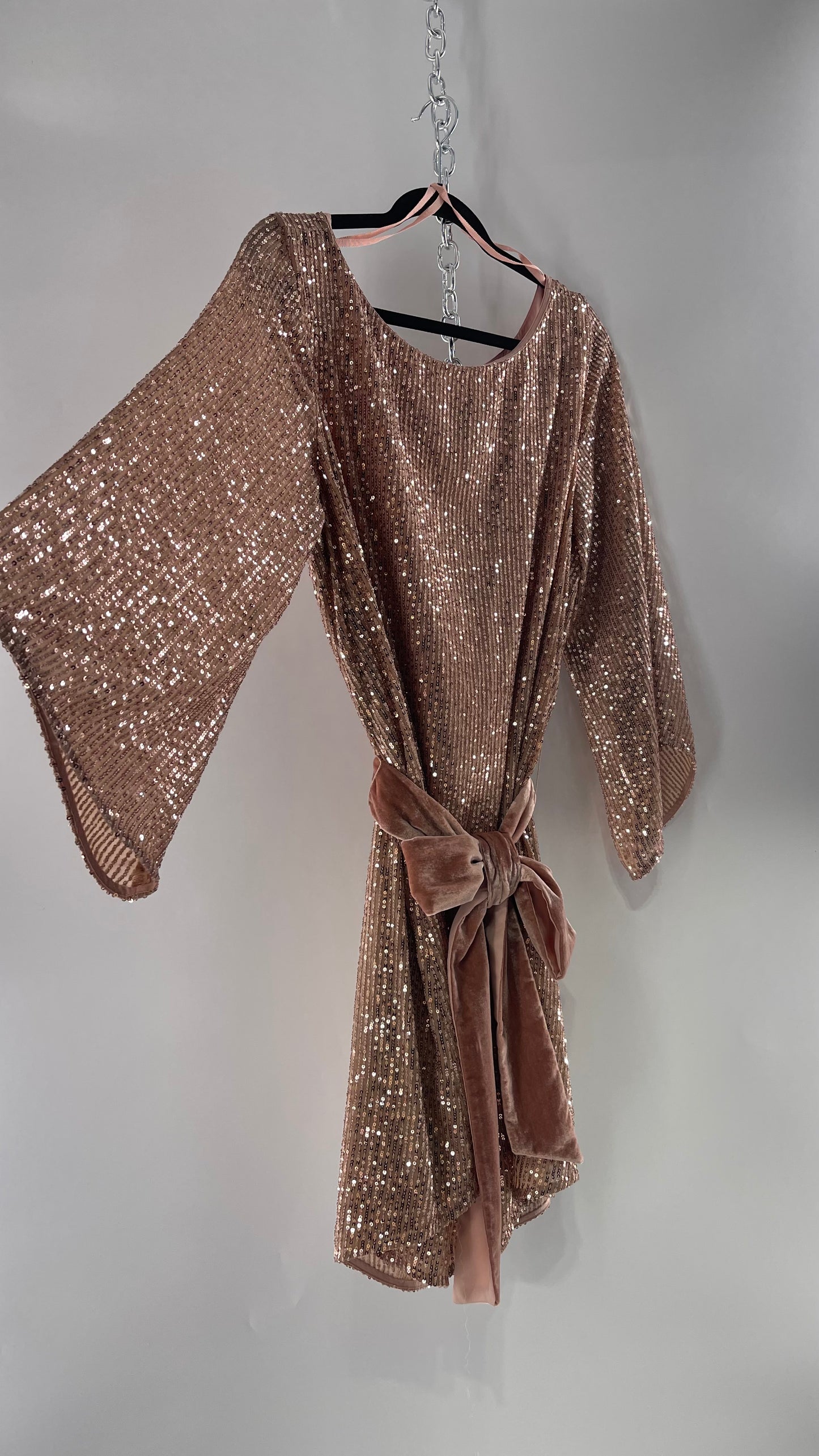 Anthropologie Rose Gold Sequin Dress with Velvet Waist Belt and Tags Attached (XL)