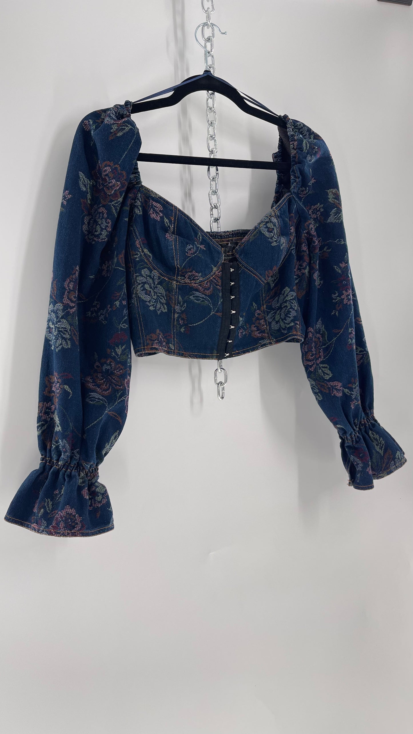 Urban Outfitters Denim Cropped Corset Grommet Balloon Sleeve Blouse (Large)