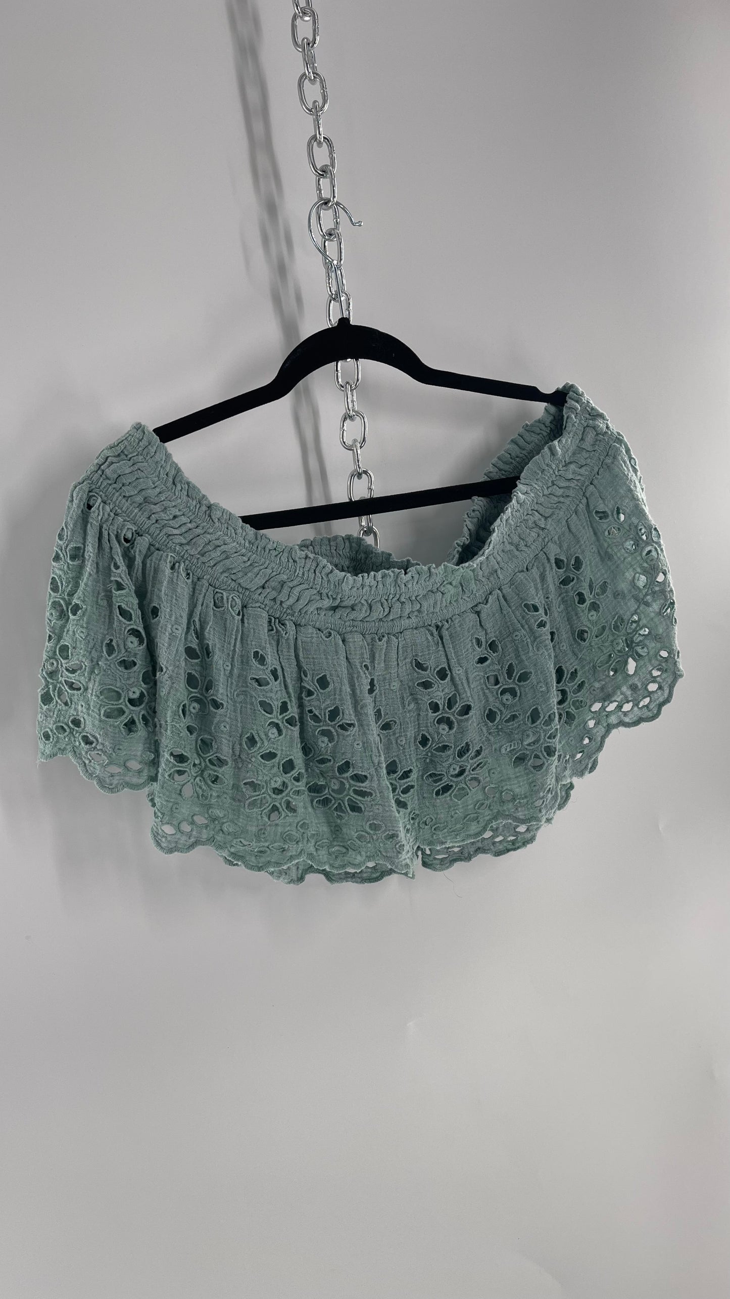 Free People Eyelet Cotton Teal Blue Off the Shoulder Ruffle Bandeau (Medium)