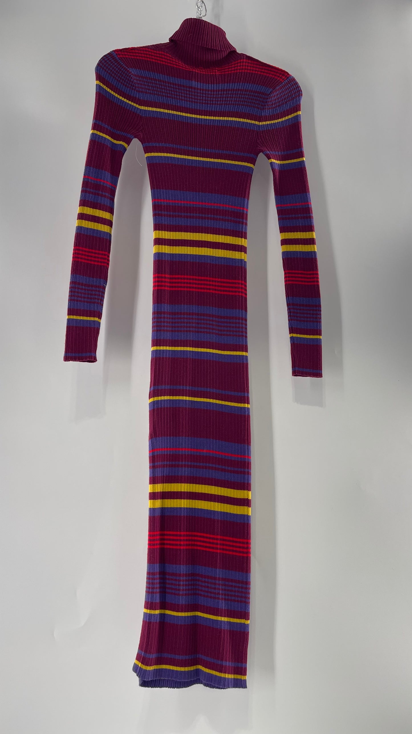 Urban Outfitters Ribbed Striped Plum Turtle Neck Sweater Maxi Dress (Small)