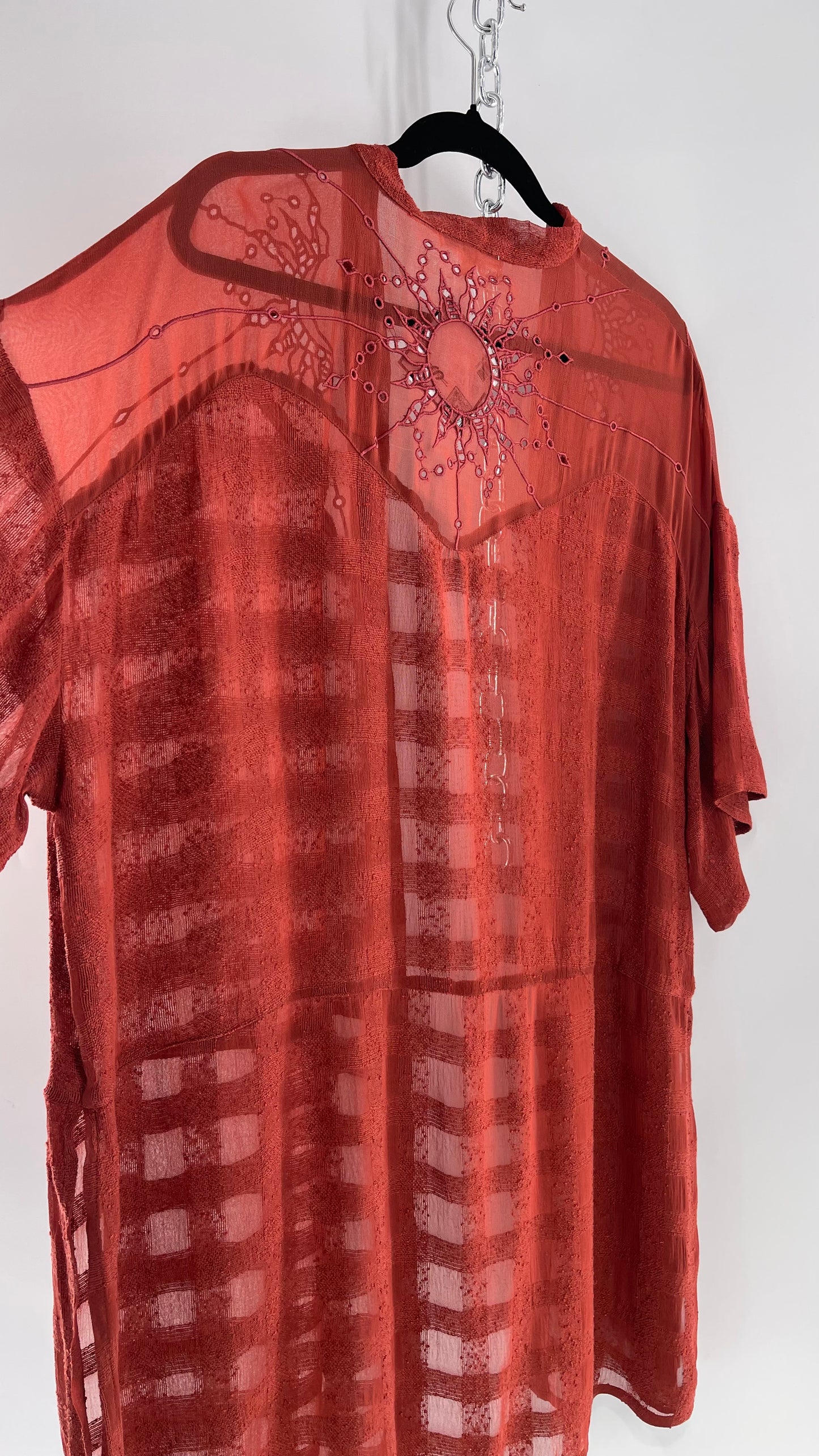 NFO Anthropologie Burnt Orange Cape With Embroidered Solstice Sun and Crescent Moon Designs (One Size)