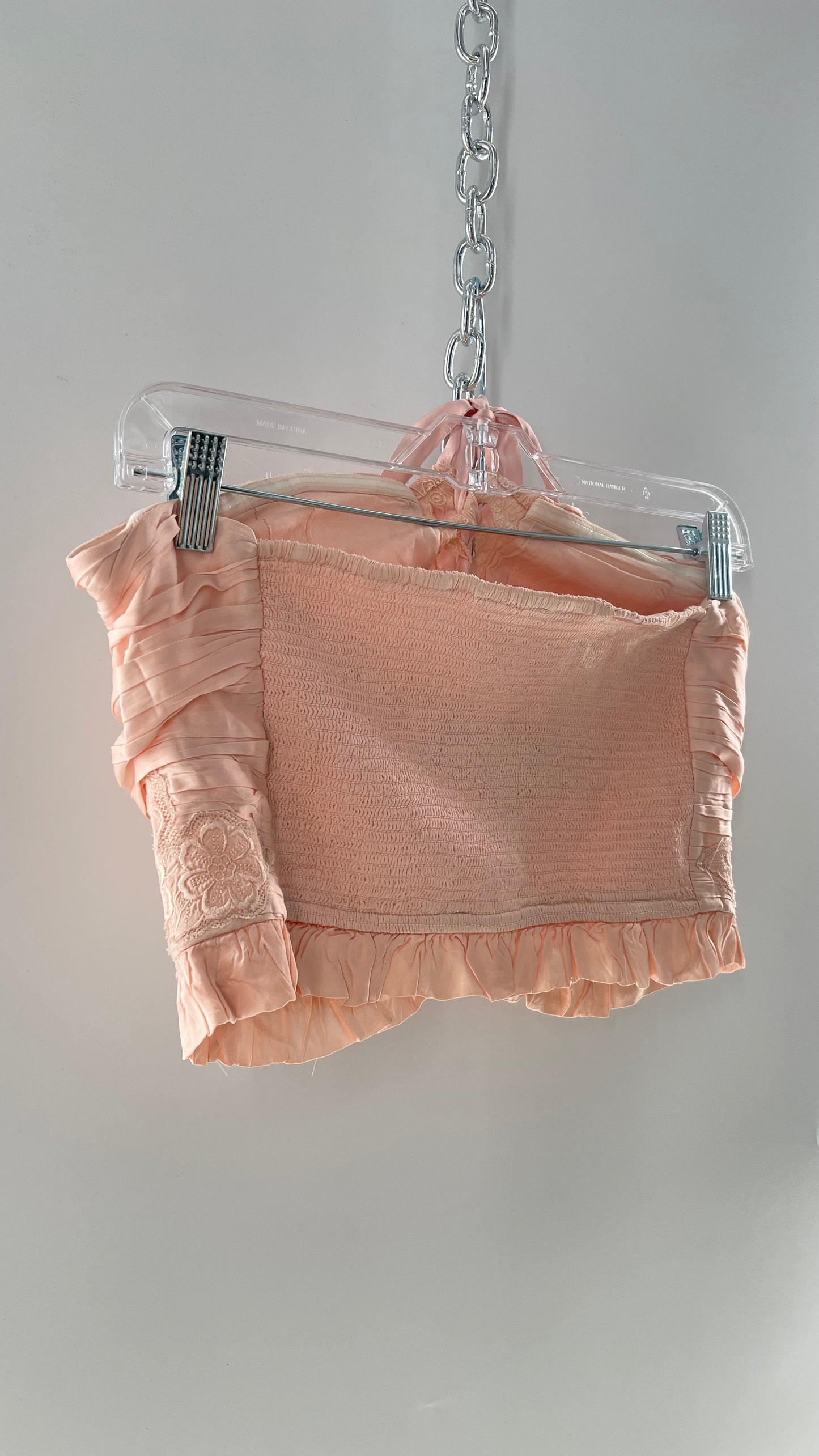 Free People Pink Viscose Pleated Tube Top with Ribbon Lace Up Bodice, Embroidered Flower Detail, and Ruffled Hem (Large)
