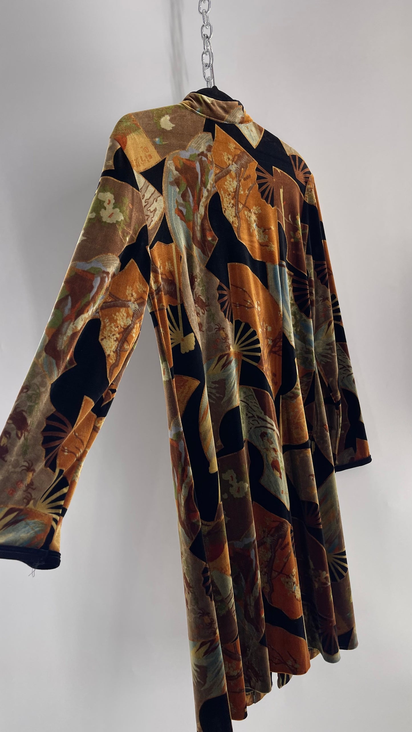 Vintage CLIO 1990s Black Velvet/Velour Fan Patterned Duster Coat (Medium)