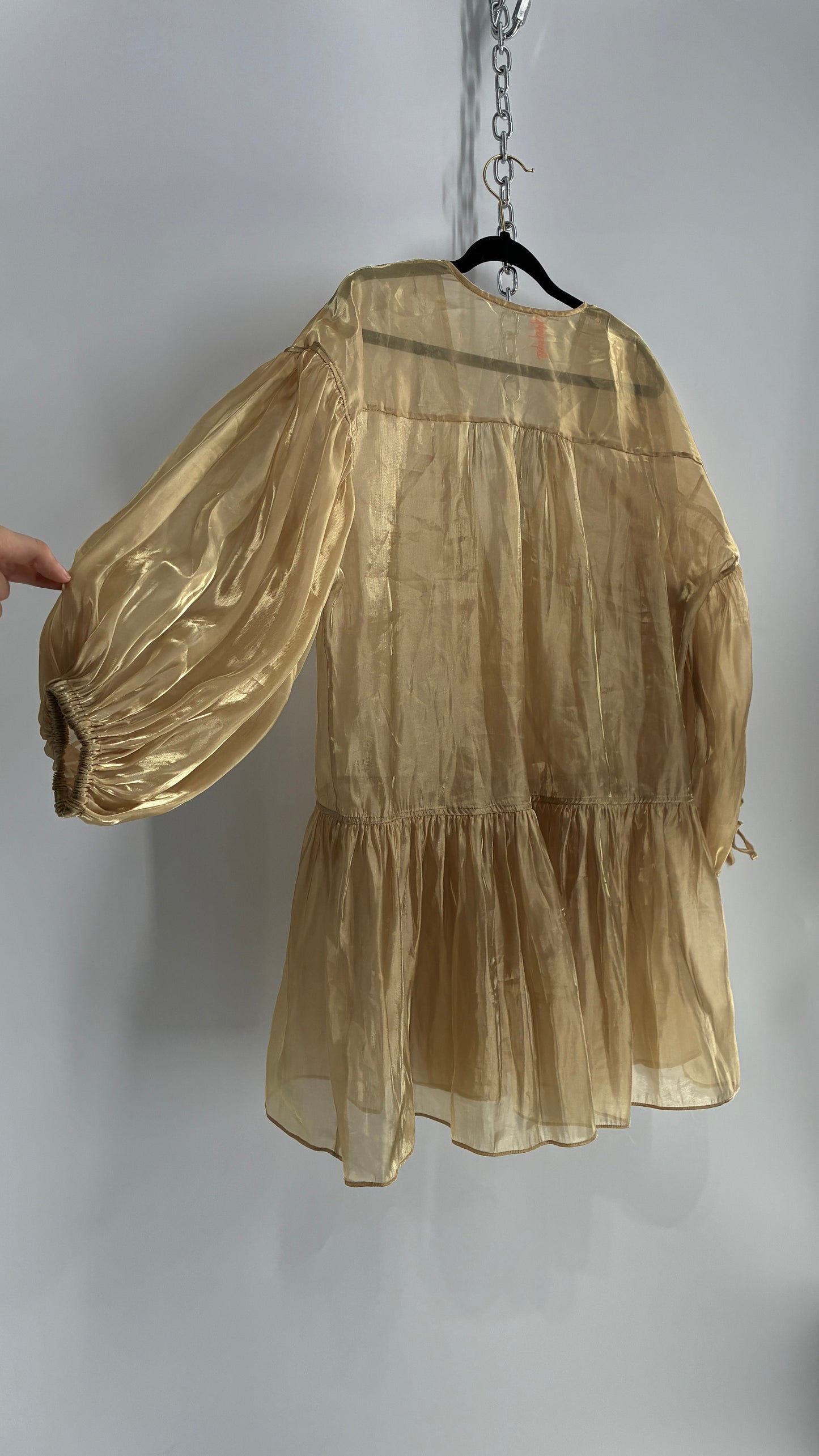 Free People Gold Voile Organza Drop Waist Bubble Sleeve Dress (Medium)
