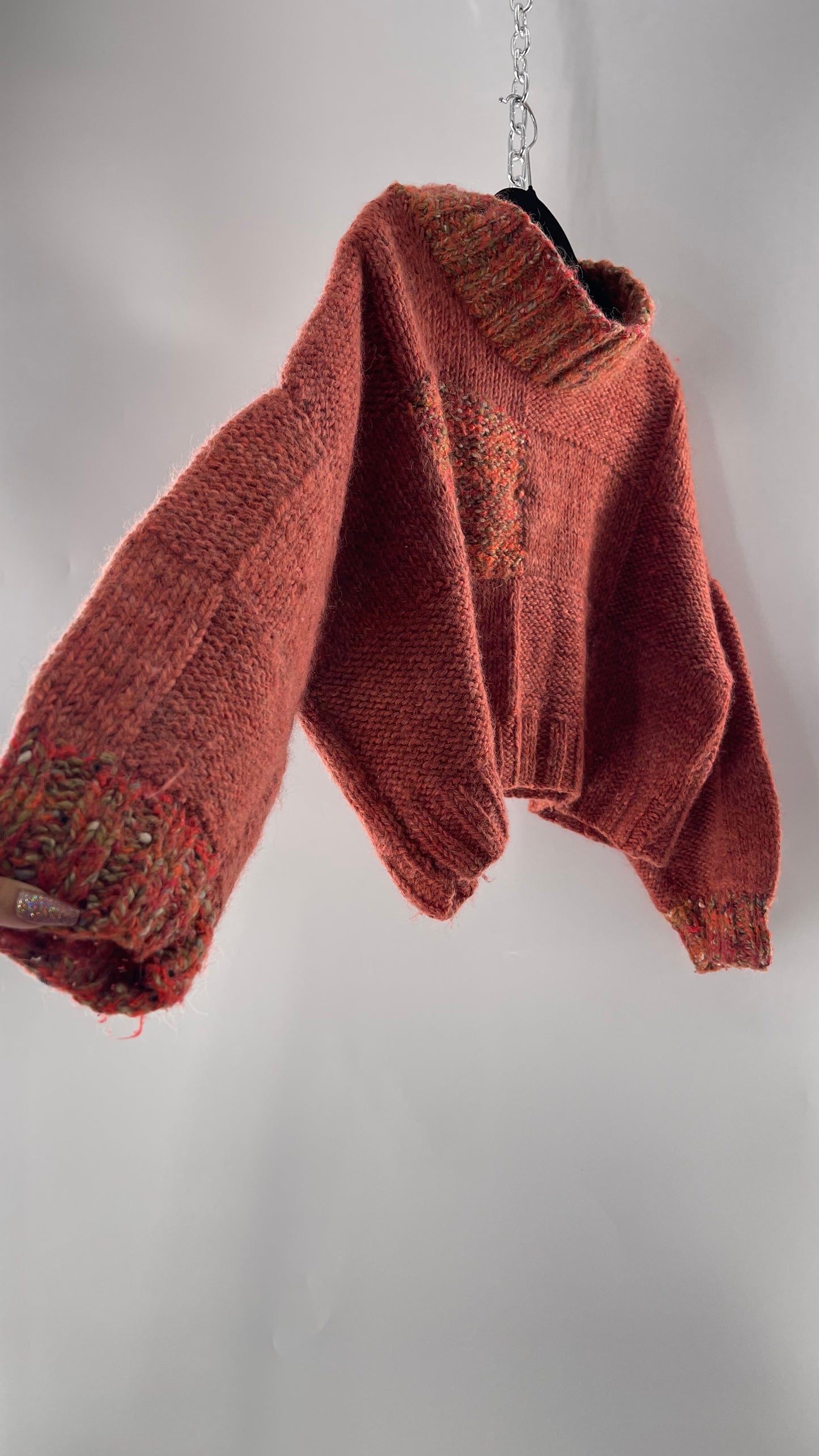 Vintage 80s Burnt Orange Cropped Thick Knit Heavy Slouchy Wool Sweater (Large)
