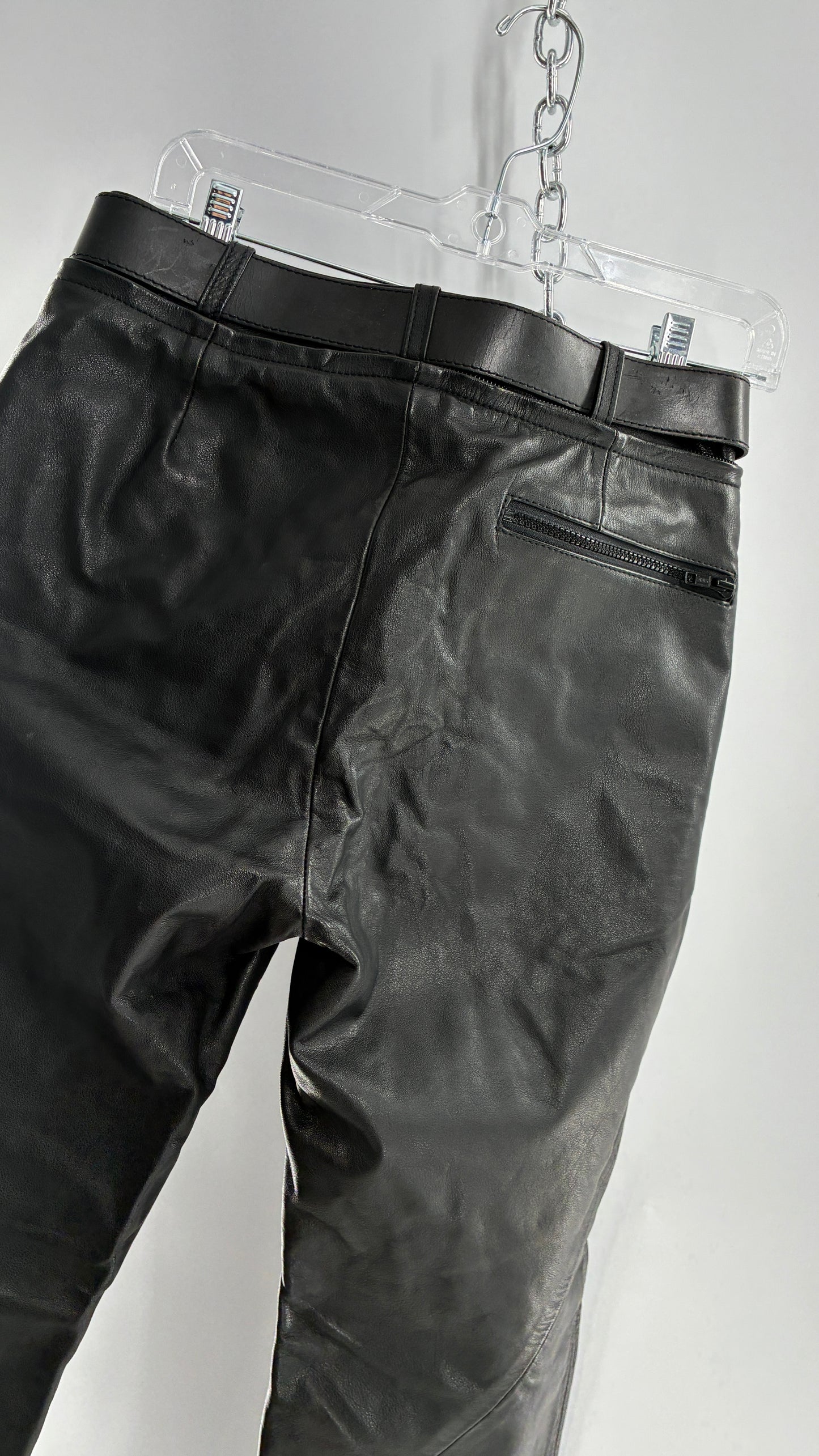 Vintage Black Italian Leather Motorcycyle Pants with Built In Belt and Zipper Detailing (XS)