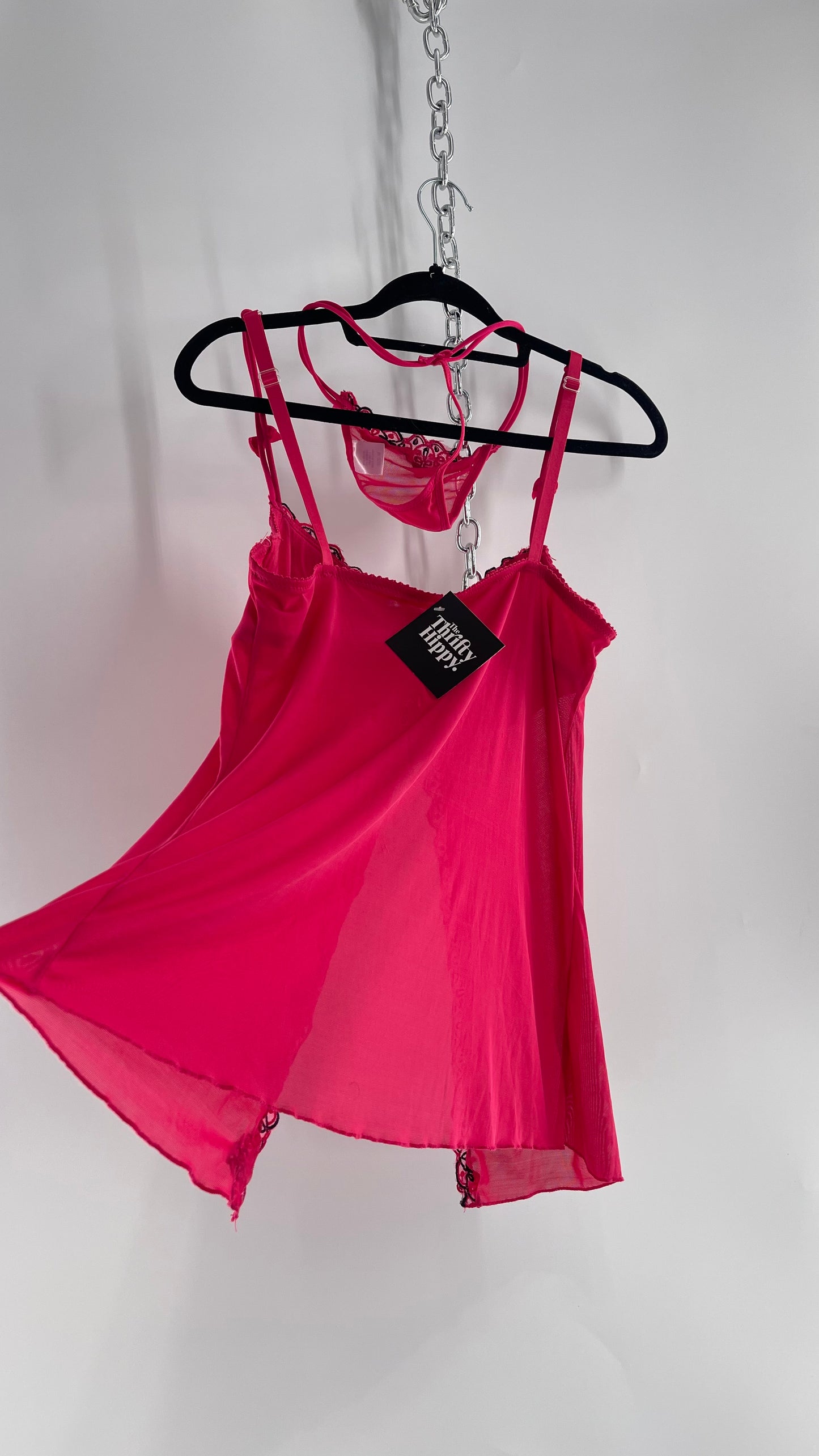 Vintage HOT Hot Pink Vented Babydoll Top and Thong Set with Black Embroidery and Bows (Medium)